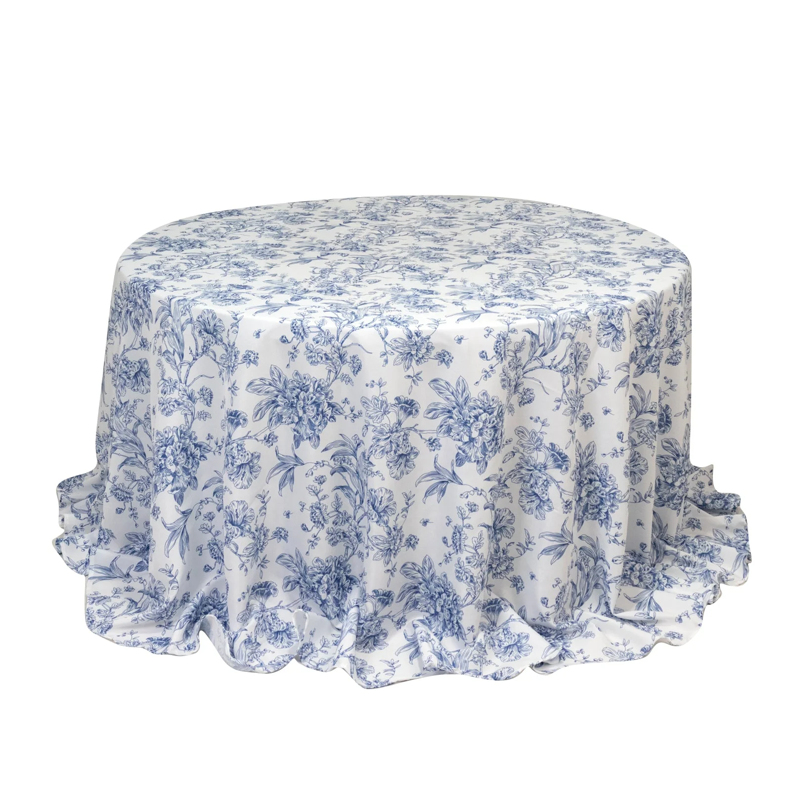 Polyester Round Tablecloth 132" White with Blue French Toile Pattern - Sophisticated Table Cover for Chic Weddings & Events - Image 3