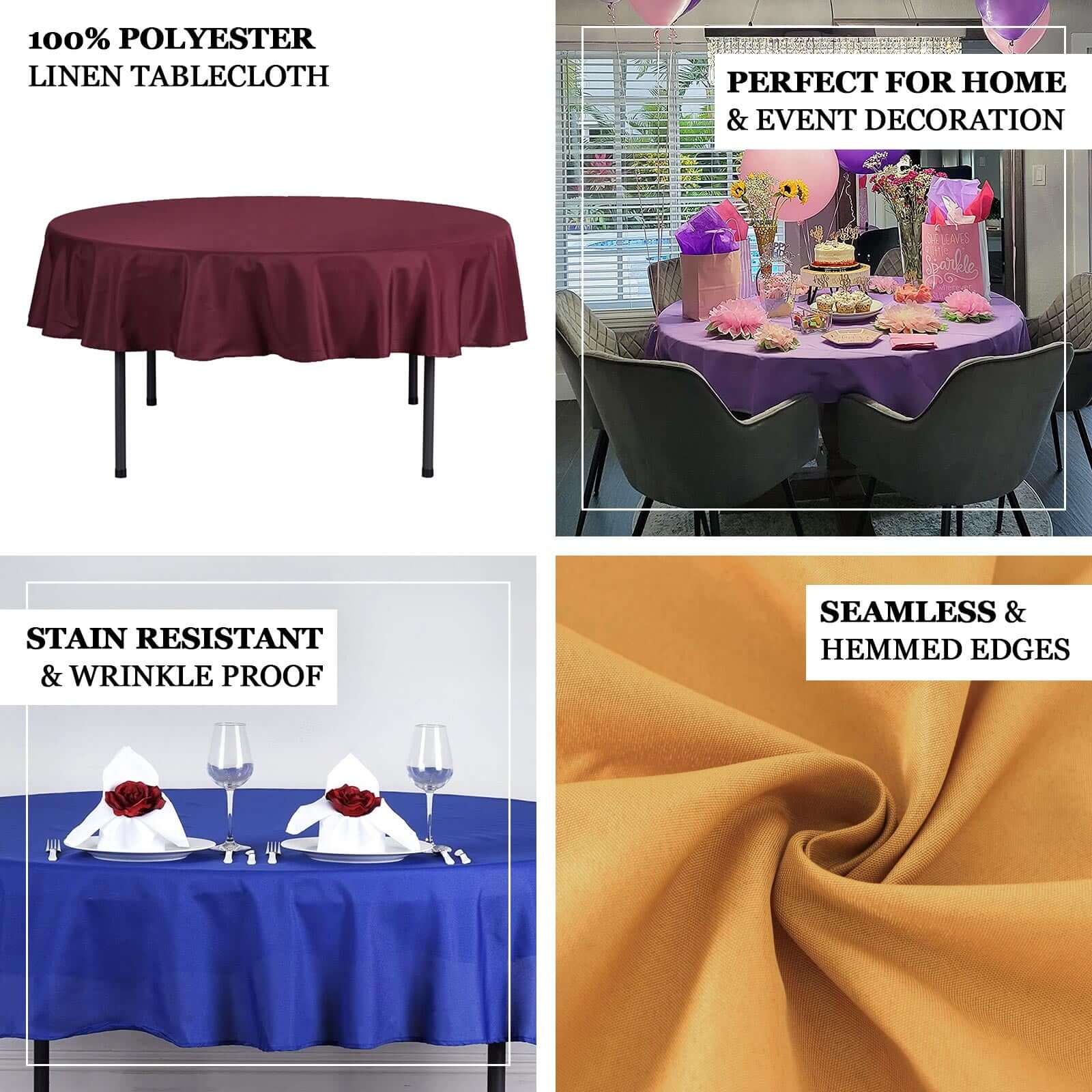 Polyester Round Tablecloth 70" Burgundy - Linen Texture Table Cover - Image 3