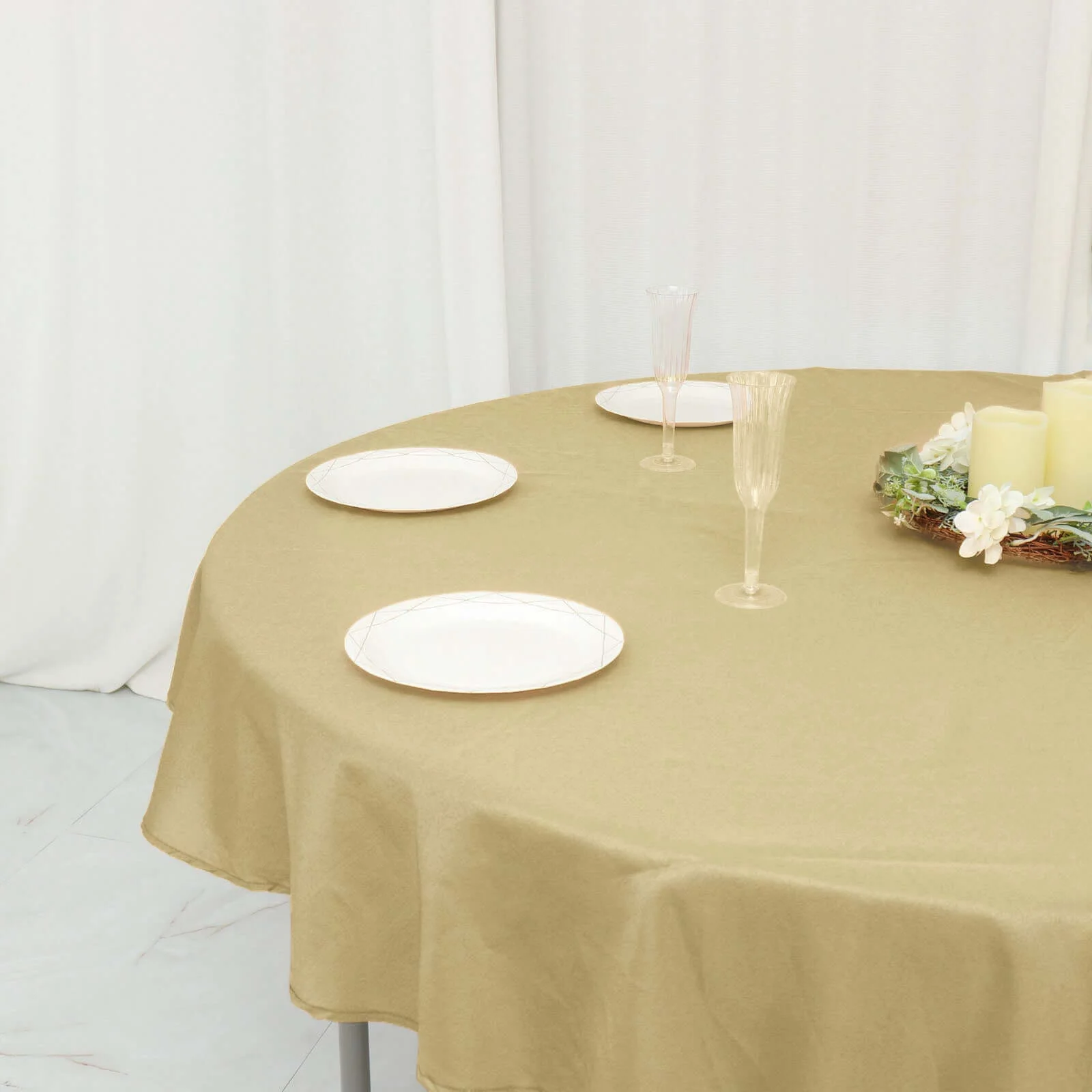 Polyester Round Tablecloth 70" Champagne - Linen Texture Table Cover - Image 2