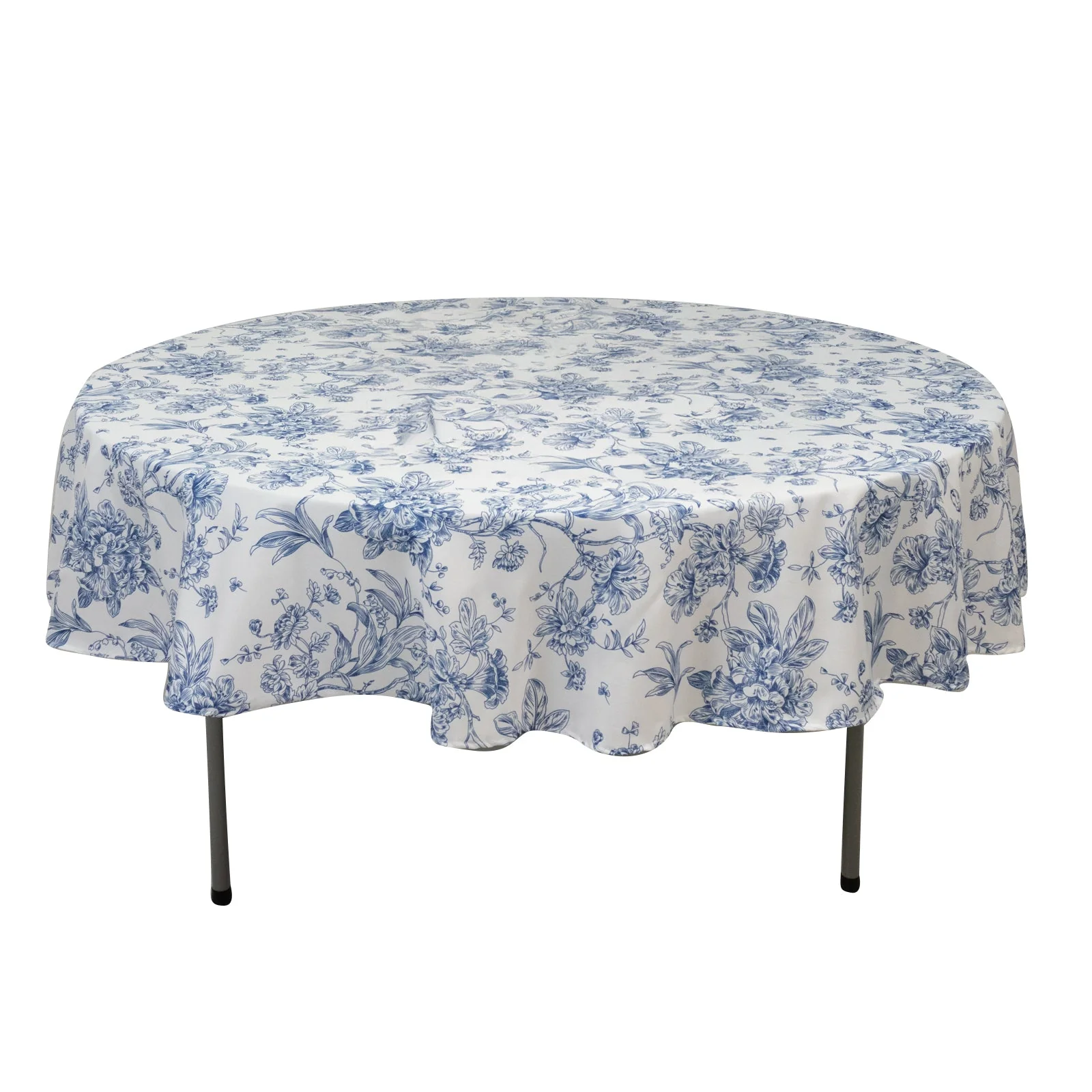 Polyester Round Tablecloth 90" White with Blue French Toile Pattern - Sophisticated Table Cover for Chic Weddings & Events - Image 3
