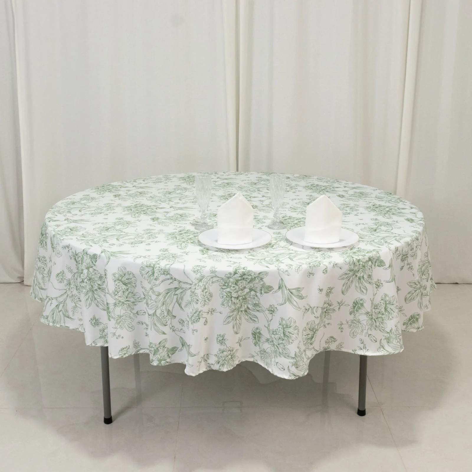 Polyester Round Tablecloth 90" White with Dusty Sage Green French Toile Pattern - Sophisticated Table Cover for Chic Weddings & Events - Image 4