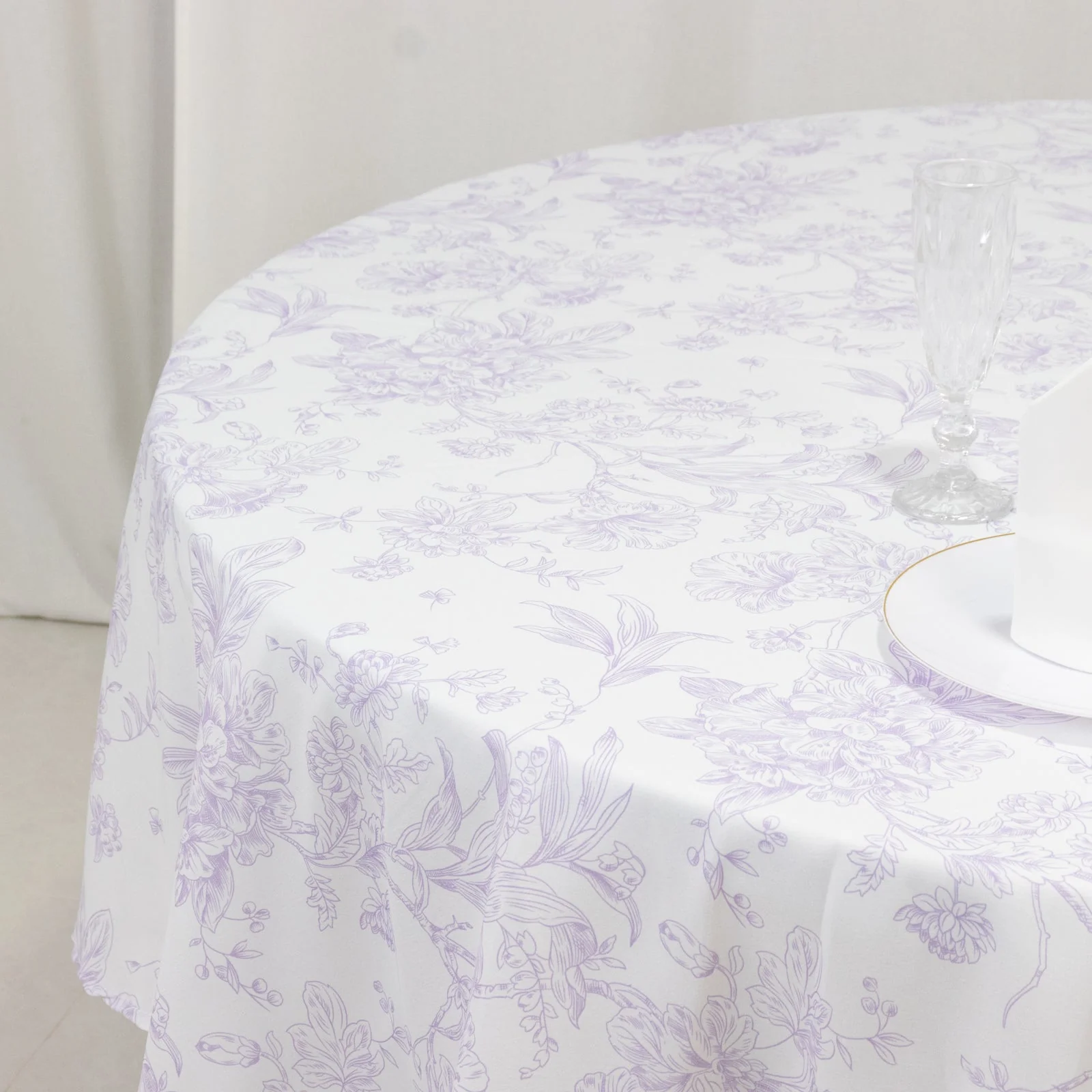 Polyester Round Tablecloth 90" White with Lavender Lilac French Toile Pattern - Sophisticated Table Cover for Chic Weddings & Events - Image 2