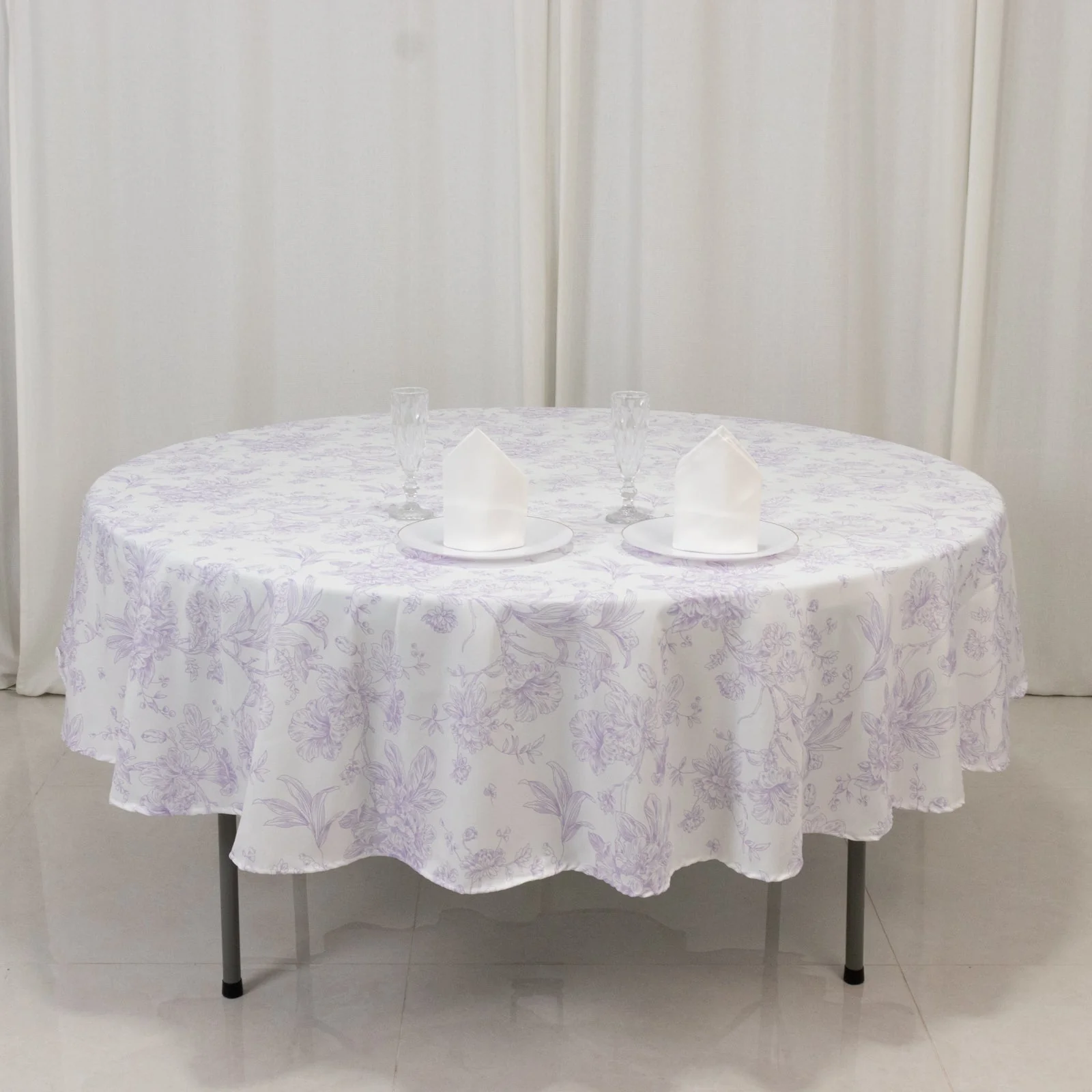 Polyester Round Tablecloth 90" White with Lavender Lilac French Toile Pattern - Sophisticated Table Cover for Chic Weddings & Events - Image 4