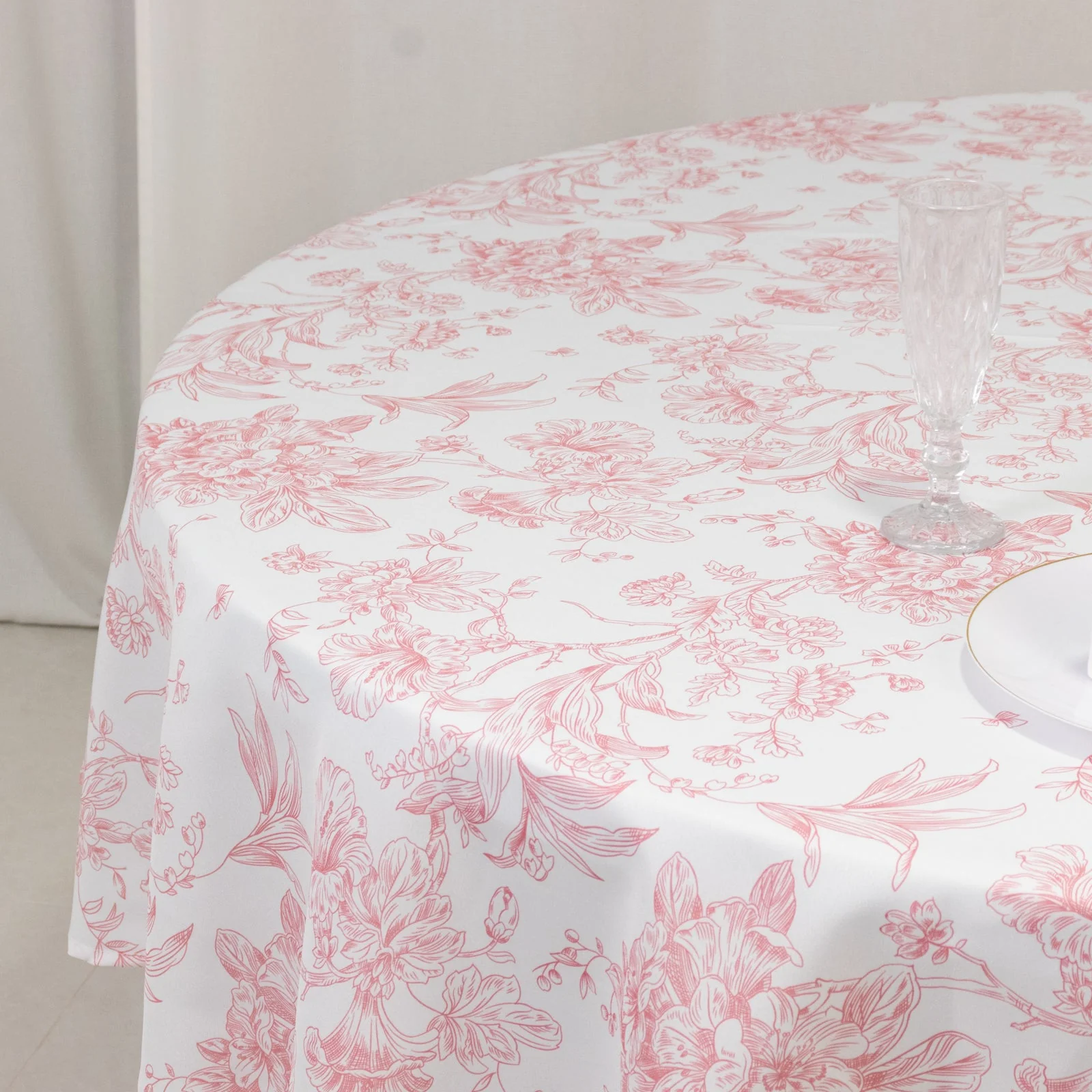 Polyester Round Tablecloth 90" White with Pink French Toile Pattern - Sophisticated Table Cover for Chic Weddings & Events - Image 2