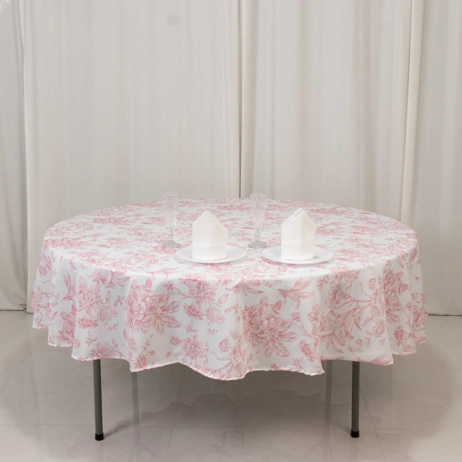 Polyester Round Tablecloth 90" White with Pink French Toile Pattern - Sophisticated Table Cover for Chic Weddings & Events - Image 4