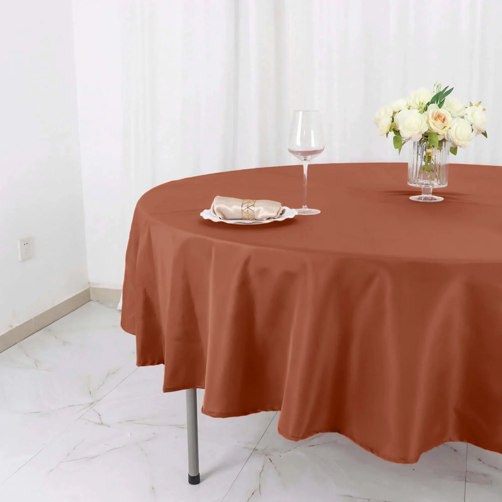 Polyester Round Tablecloth 90" Terracotta (Rust) - Reusable & Durable Table Cover - Image 2