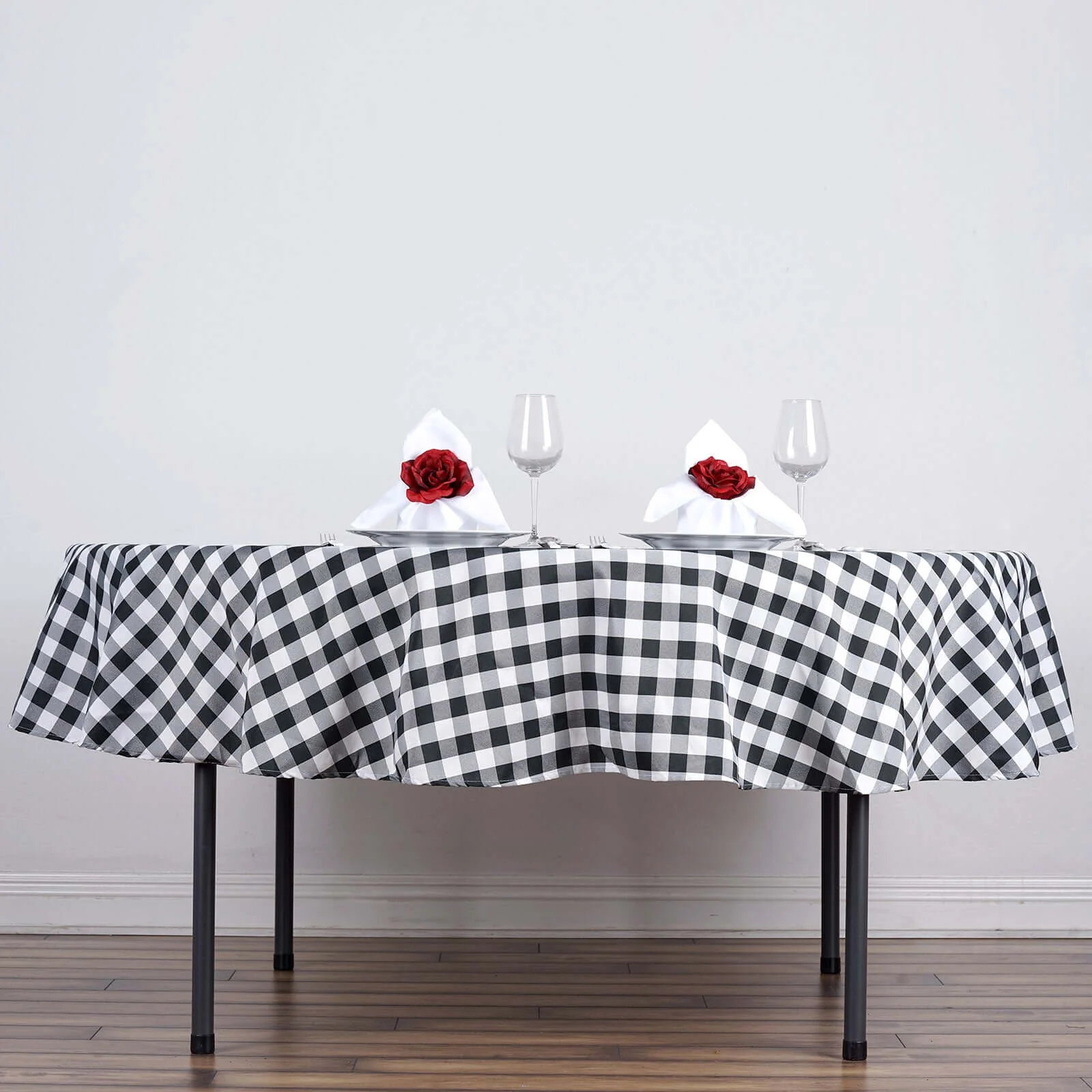 Polyester Round Tablecloth 90" White/Black Checkered Buffalo Plaid Table Cover - Image 3