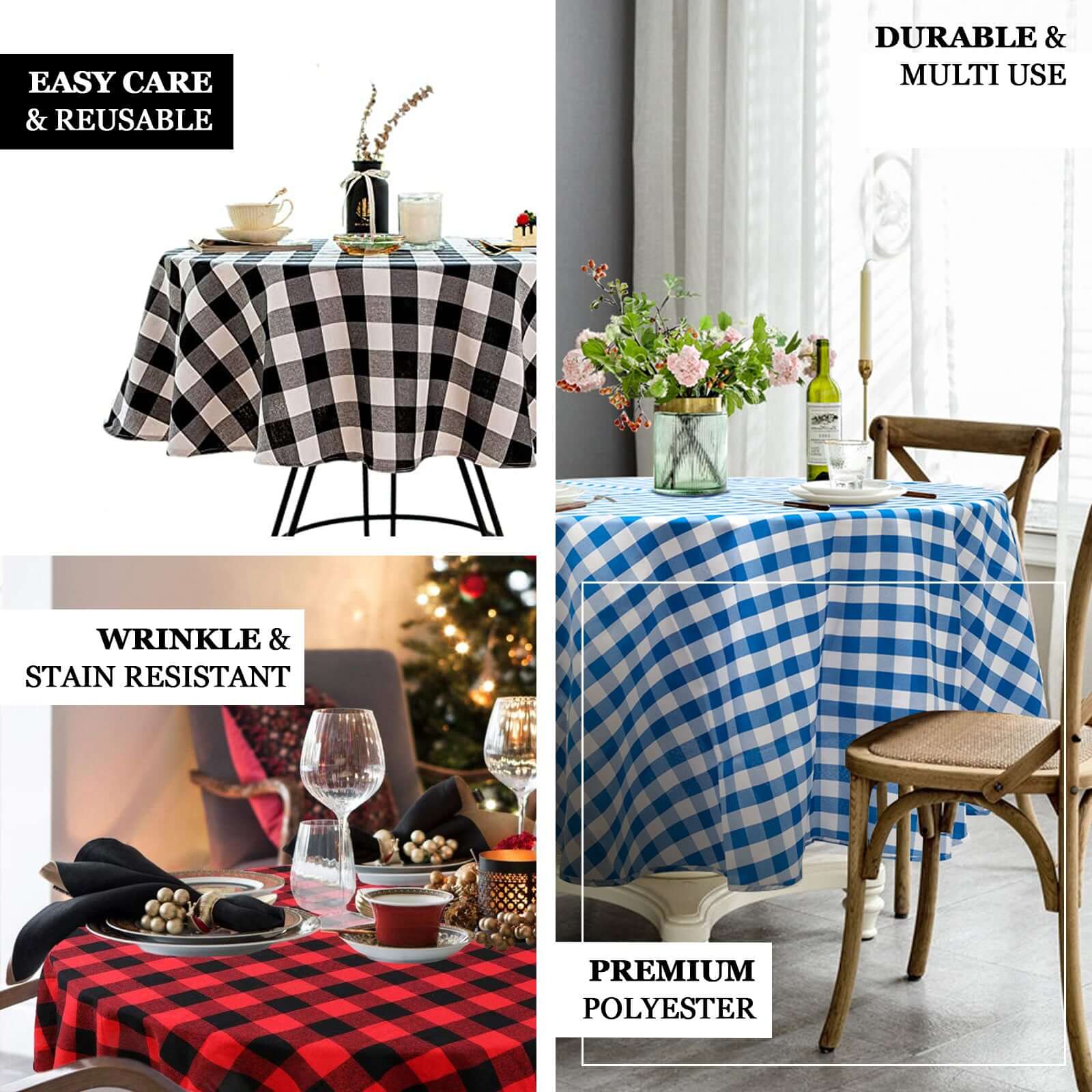 Polyester Round Tablecloth 90" White/Blue Checkered Buffalo Plaid Table Cover - Image 4