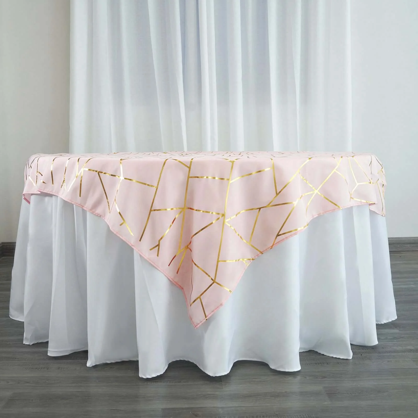Polyester Square Overlay Tablecloth 54"x54" Blush with Gold Foil Geometric Pattern - Wrinkle-Resistant & Durable Table Topper