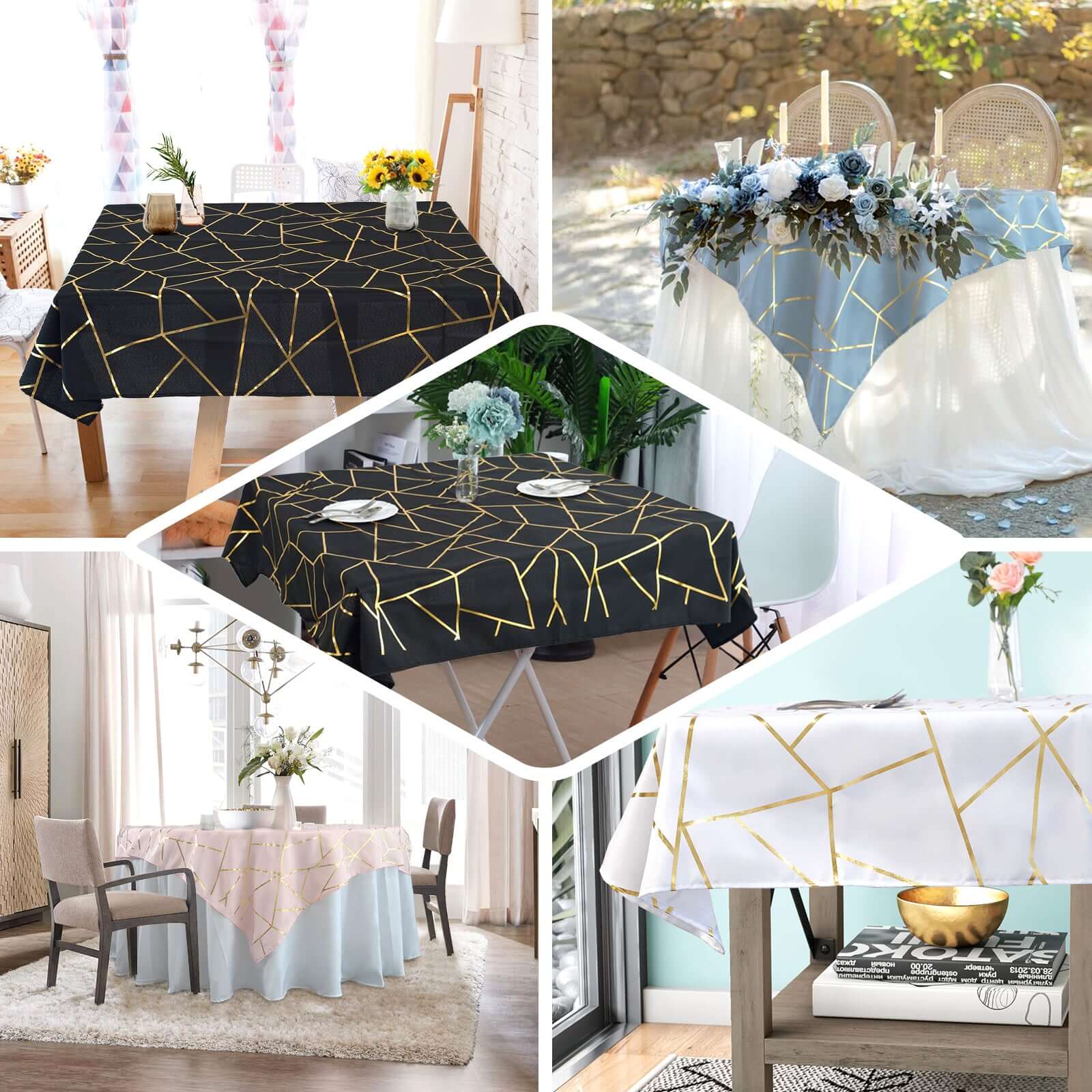 Polyester Square Overlay Tablecloth 54"x54" Blush with Gold Foil Geometric Pattern - Wrinkle-Resistant & Durable Table Topper - Image 4