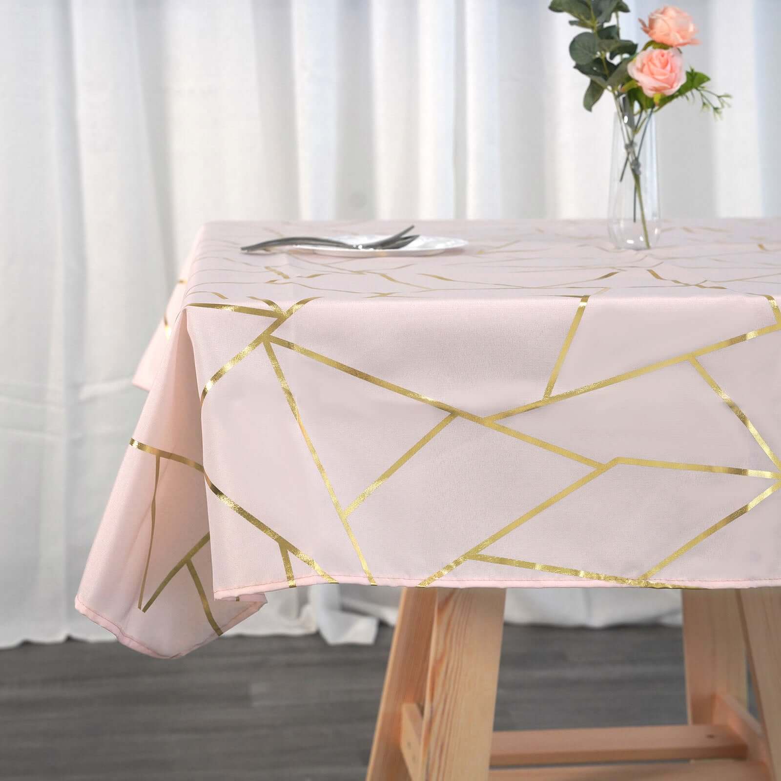 Polyester Square Overlay Tablecloth 54"x54" Blush with Gold Foil Geometric Pattern - Wrinkle-Resistant & Durable Table Topper - Image 9