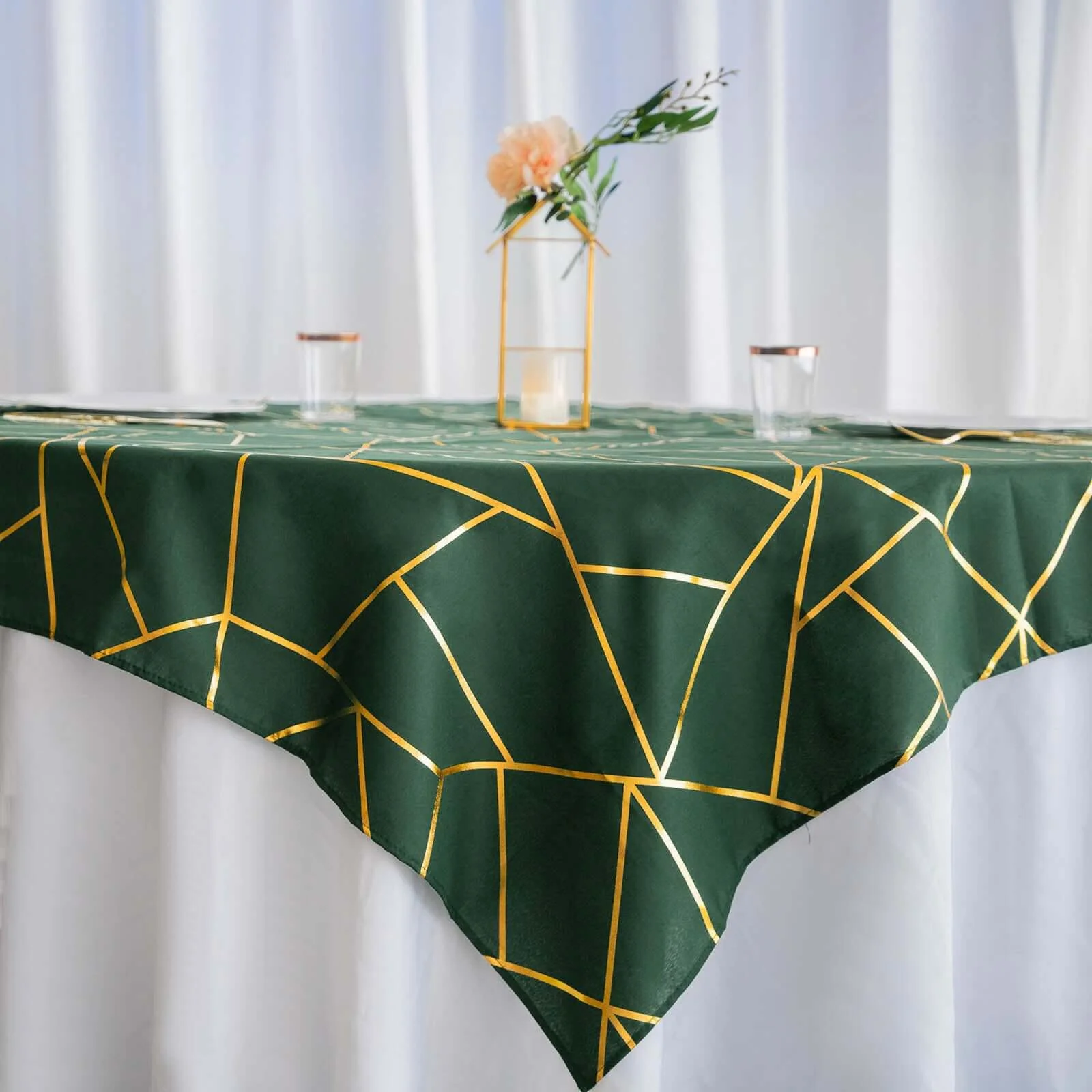 Polyester Square Overlay Tablecloth 54"x54" Hunter Emerald Green with Gold Foil Geometric Pattern - Wrinkle-Resistant & Durable Table Topper - Image 2