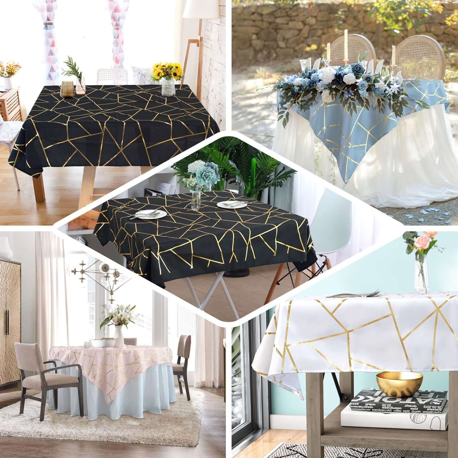 Polyester Square Overlay Tablecloth 54"x54" Hunter Emerald Green with Gold Foil Geometric Pattern - Wrinkle-Resistant & Durable Table Topper - Image 4