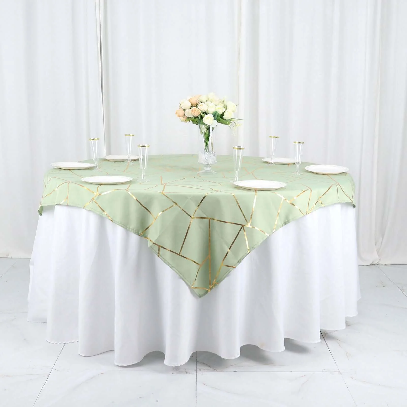 Polyester Square Overlay Tablecloth 54"x54" Sage Green with Gold Foil Geometric Pattern - Wrinkle-Resistant & Durable Table Topper
