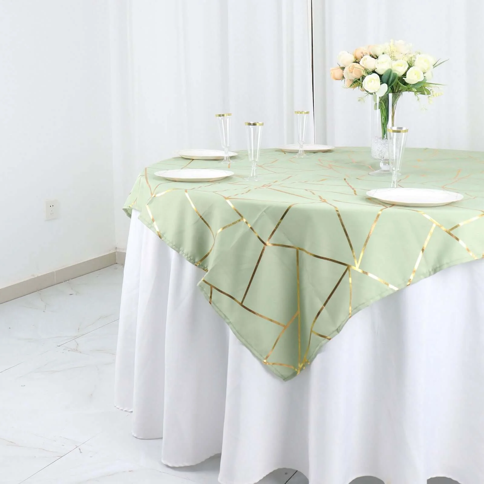 Polyester Square Overlay Tablecloth 54"x54" Sage Green with Gold Foil Geometric Pattern - Wrinkle-Resistant & Durable Table Topper - Image 10