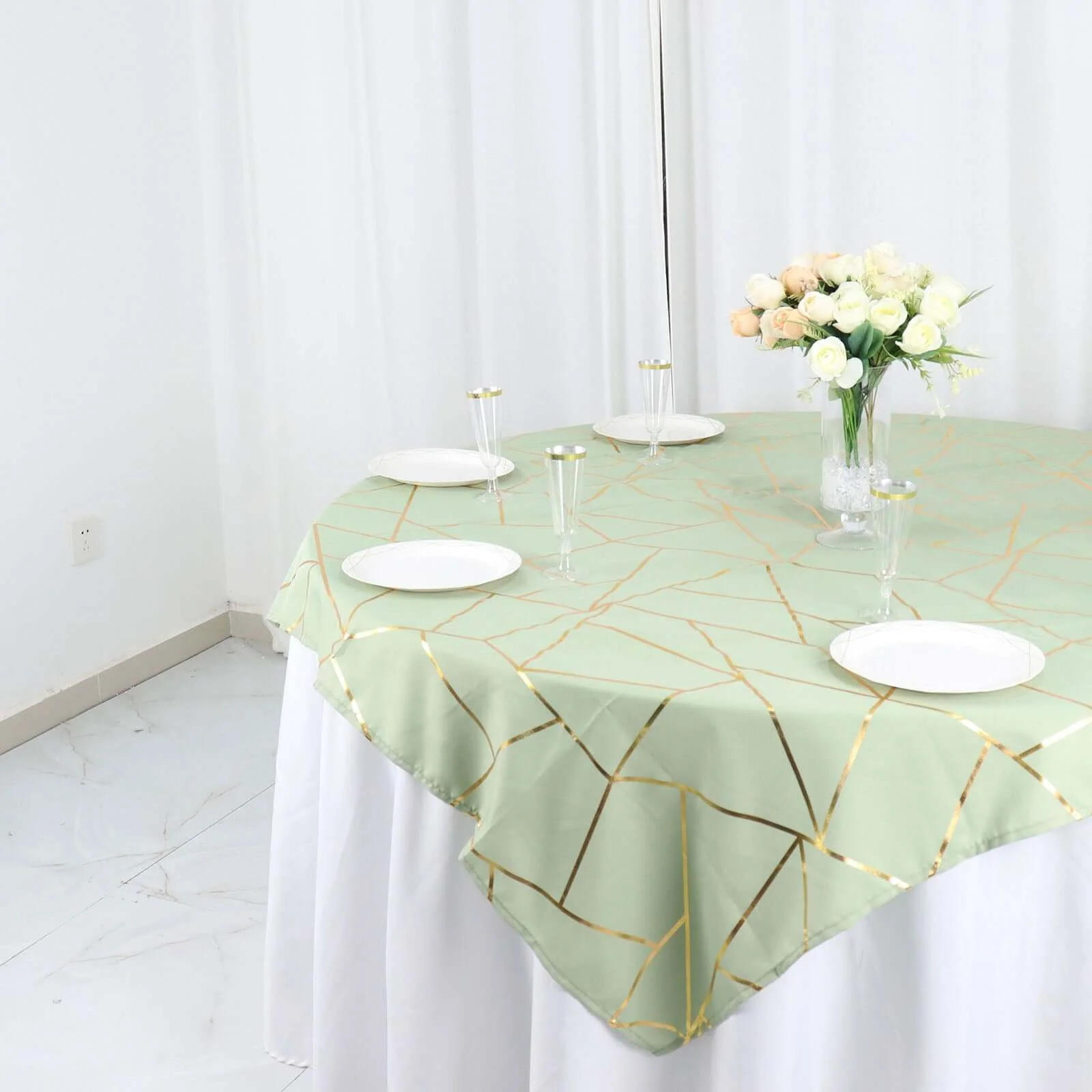Polyester Square Overlay Tablecloth 54"x54" Sage Green with Gold Foil Geometric Pattern - Wrinkle-Resistant & Durable Table Topper - Image 2