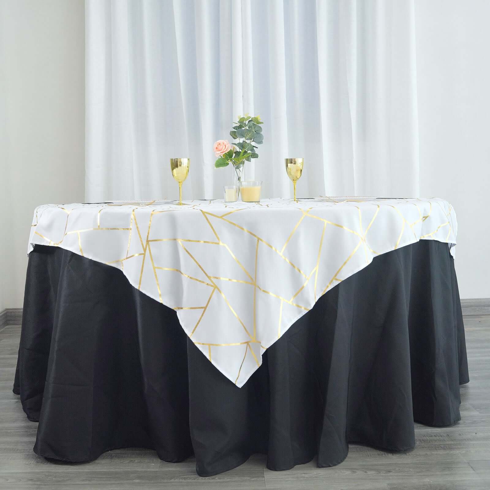 Polyester Square Overlay Tablecloth 54"x54" White with Gold Foil Geometric Pattern - Wrinkle-Resistant and Durable Table Topper for Chic Weddings & Events - Image 18