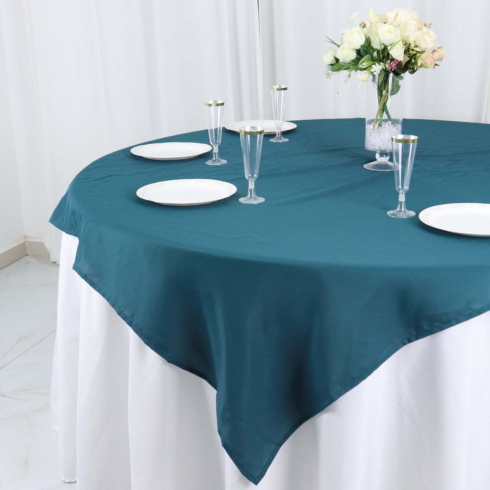 Polyester Square Table Overlay 54"x54" Peacock Teal - Wrinkle-Resistant Table Topper - Image 2