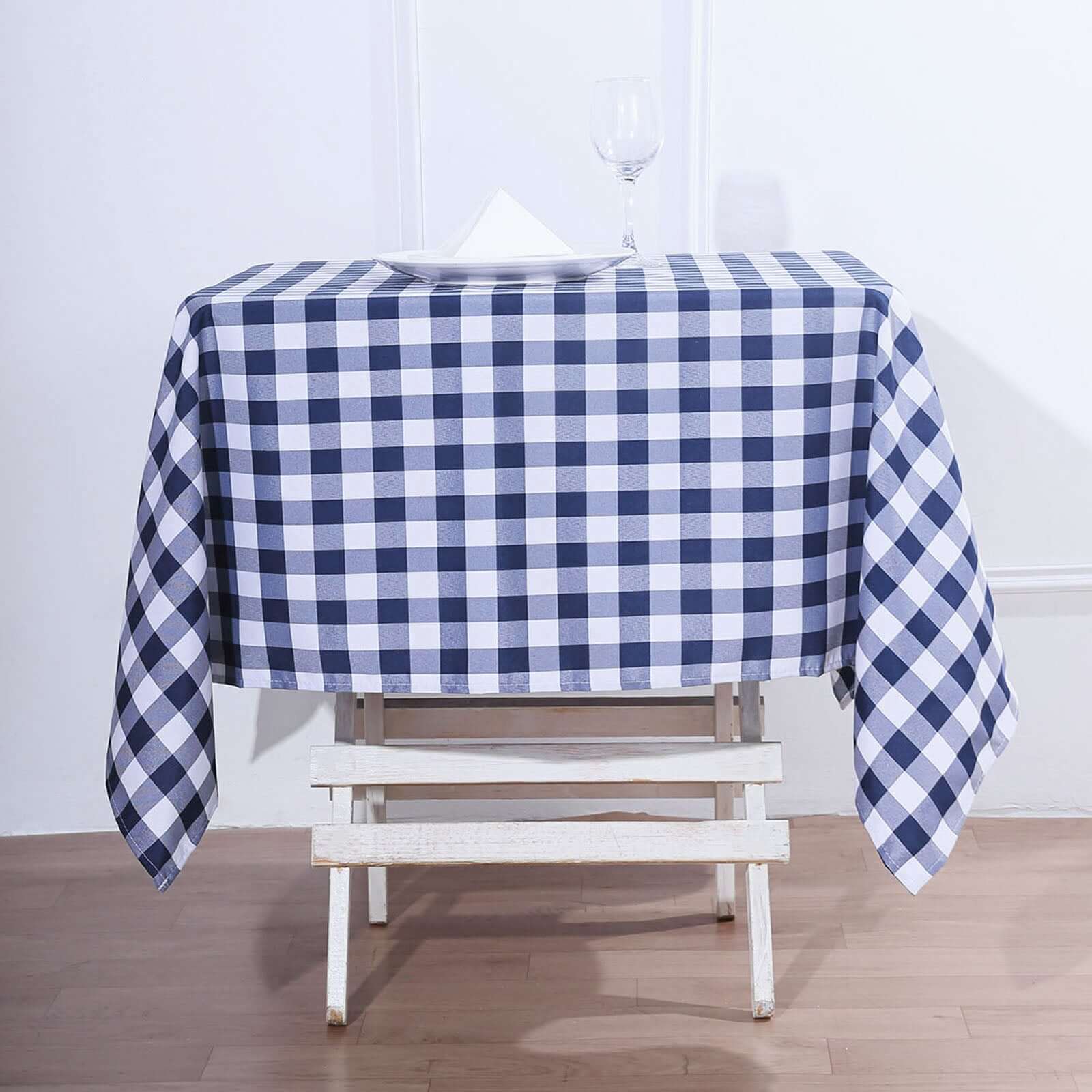 Polyester Square Table Overlay 54"x54" White/Navy Blue Checkered Buffalo Plaid Tablecloth Topper - Image 2