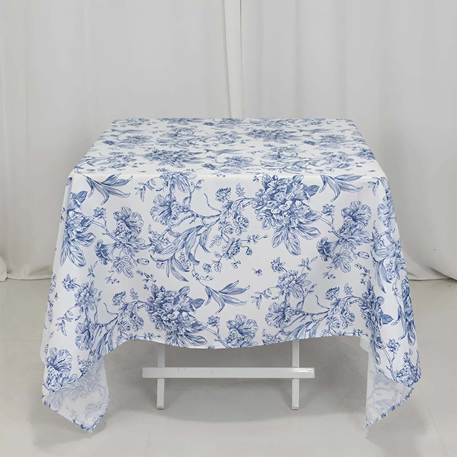 Polyester Square Table Overlay  70"x70" White with Blue French Toile Pattern - Sophisticated Table Topper for Chic Weddings & Events - Image 2