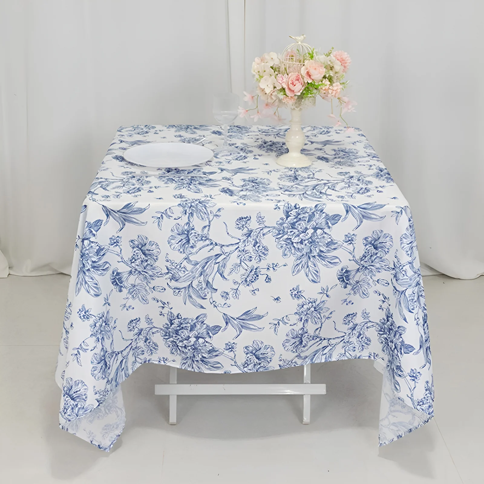 Polyester Square Table Overlay  70"x70" White with Blue French Toile Pattern - Sophisticated Table Topper for Chic Weddings & Events - Image 3
