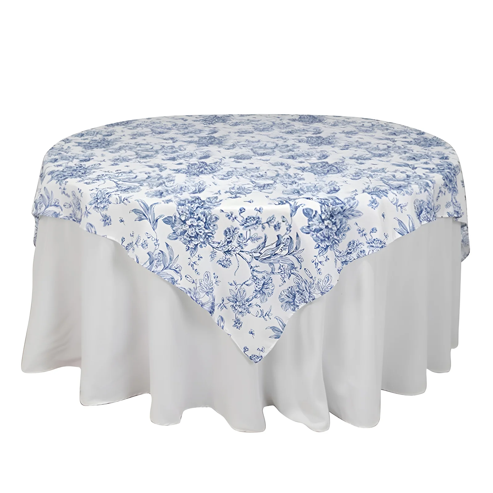 Polyester Square Table Overlay  70"x70" White with Blue French Toile Pattern - Sophisticated Table Topper for Chic Weddings & Events - Image 4