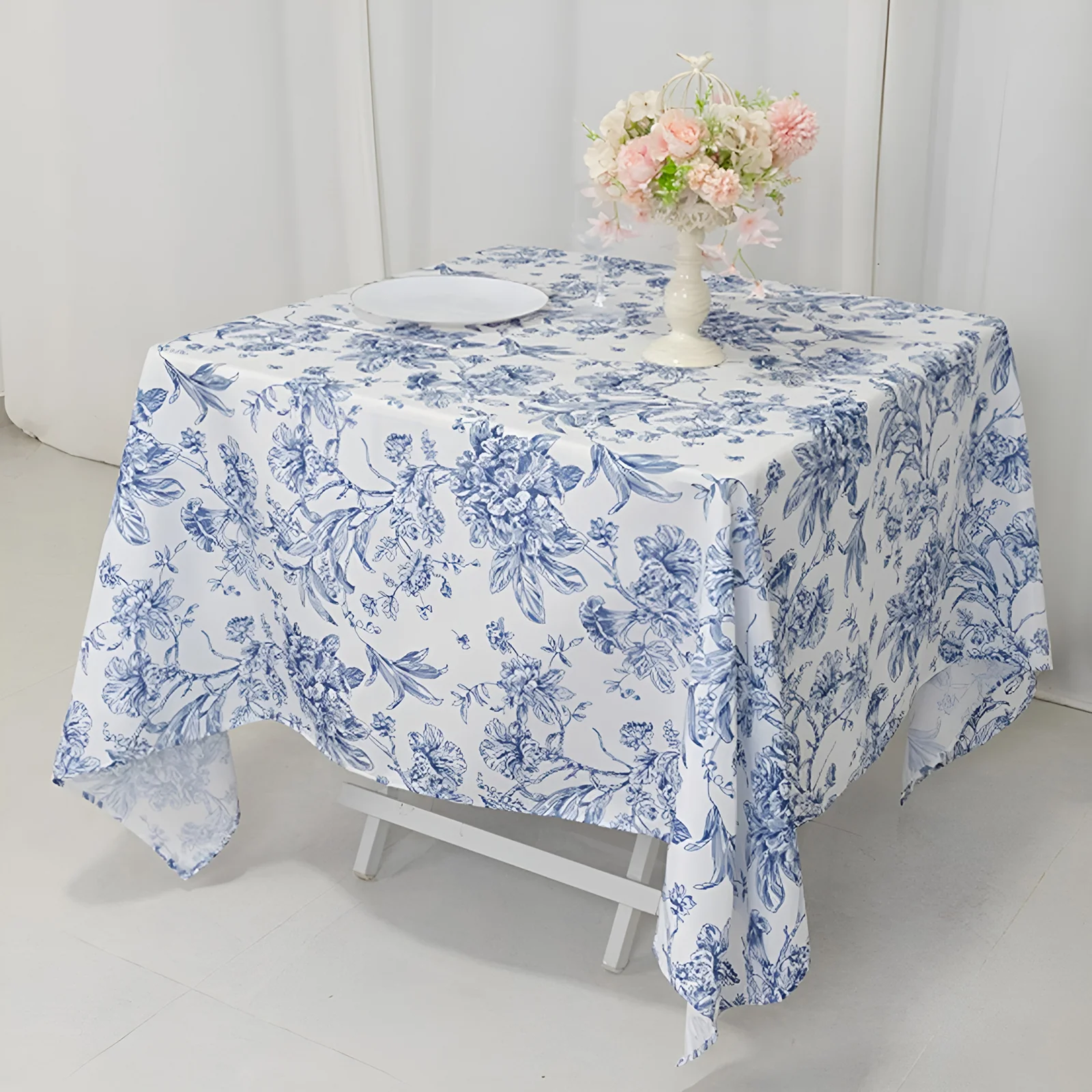 Polyester Square Table Overlay  70"x70" White with Blue French Toile Pattern - Sophisticated Table Topper for Chic Weddings & Events - Image 5