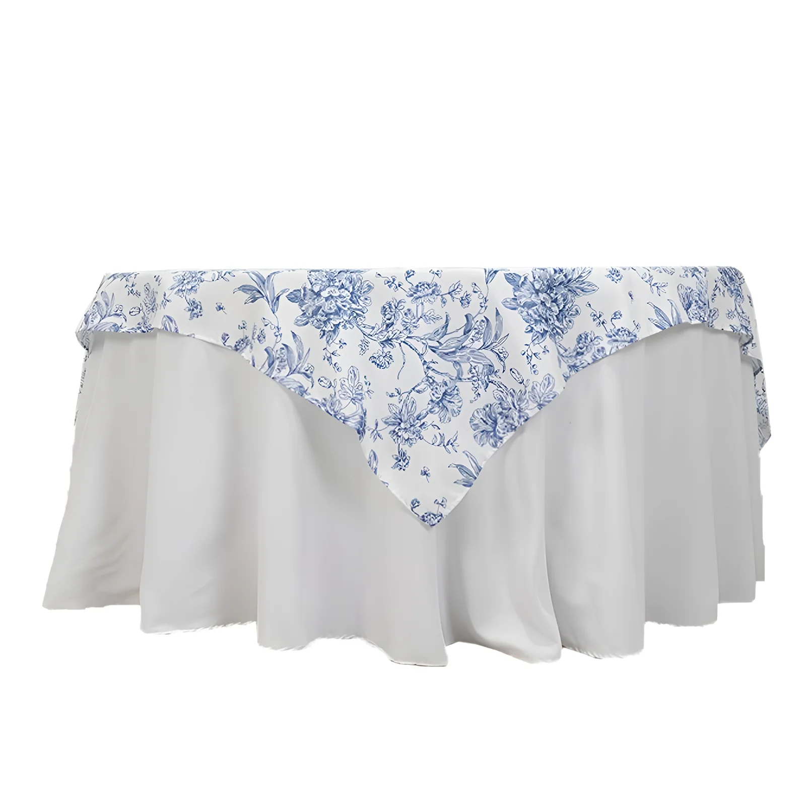 Polyester Square Table Overlay  70"x70" White with Blue French Toile Pattern - Sophisticated Table Topper for Chic Weddings & Events - Image 7