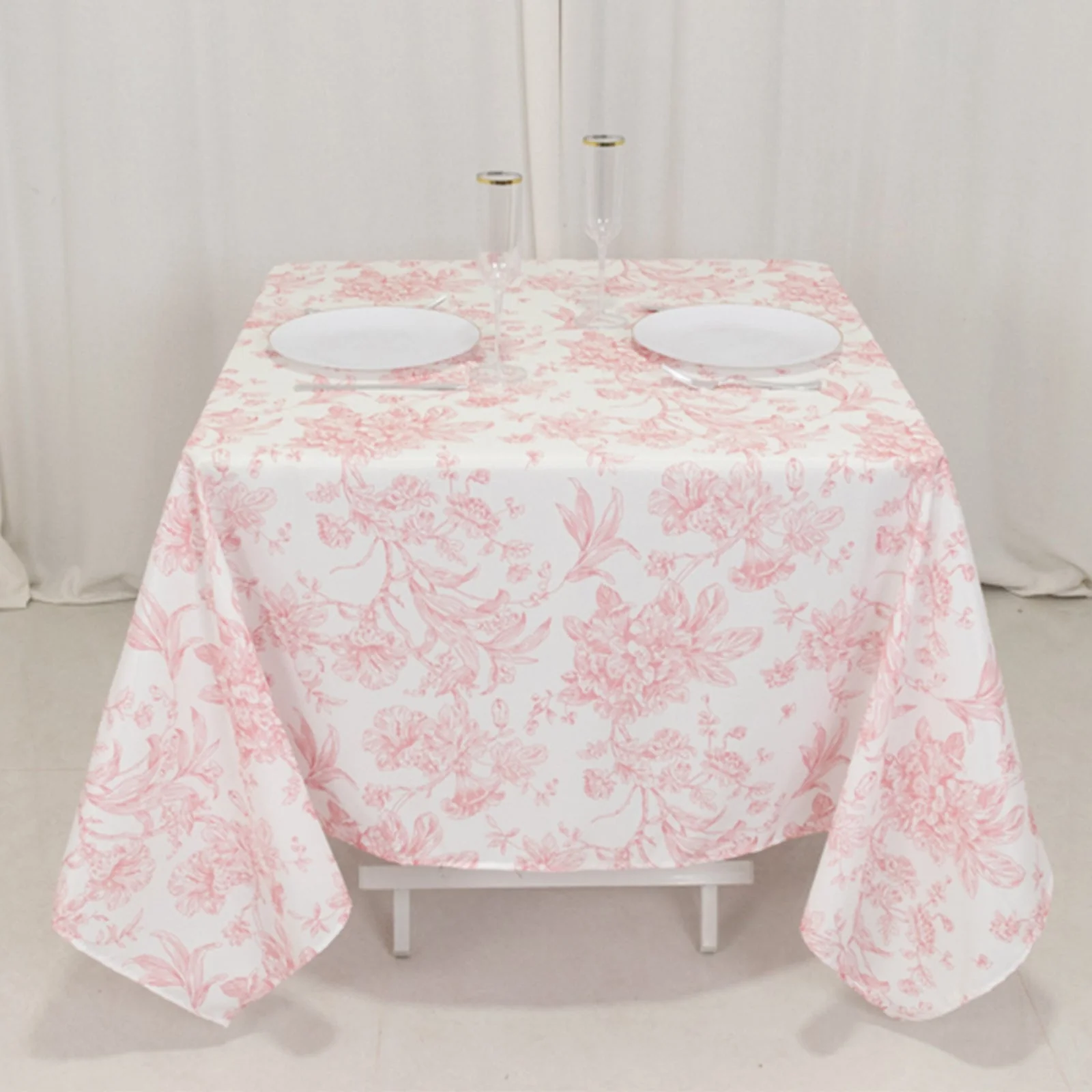 Polyester Square Table Overlay 70"x70" White with Pink French Toile Pattern - Sophisticated Table Topper for Chic Weddings & Events - Image 2