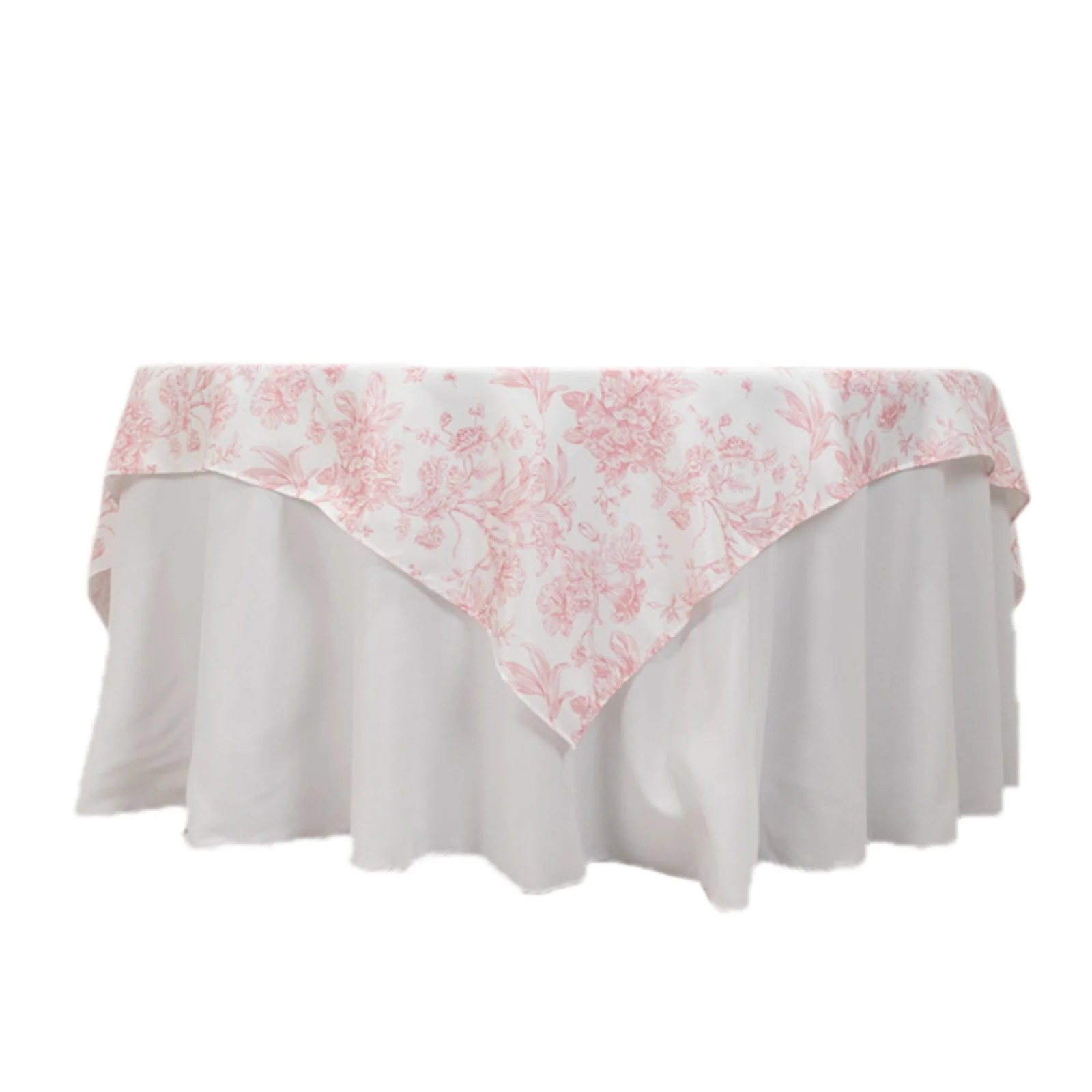 Polyester Square Table Overlay 70"x70" White with Pink French Toile Pattern - Sophisticated Table Topper for Chic Weddings & Events - Image 6