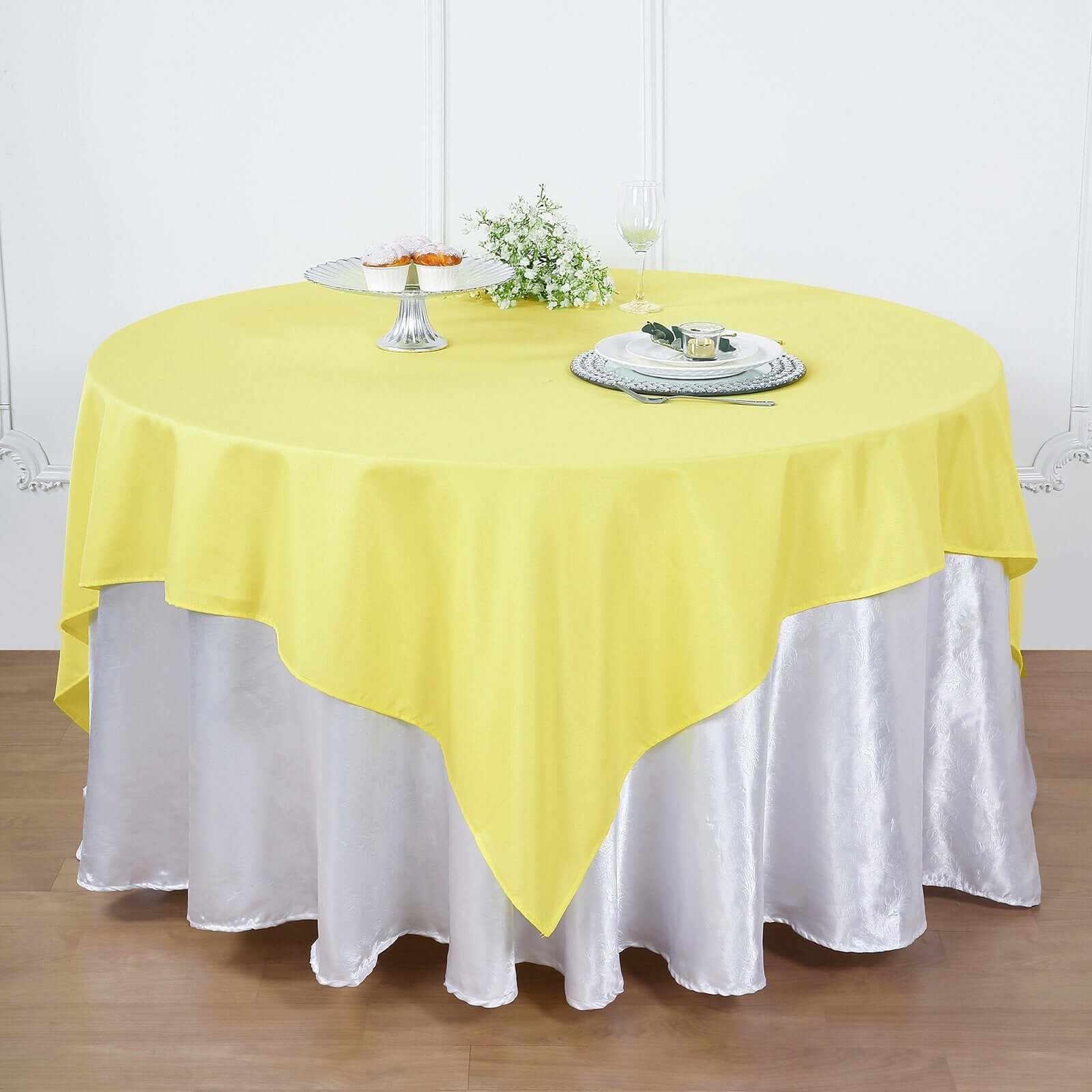 Polyester Square Table Overlay 70"x70" Yellow - Wrinkle-Resistant Table Topper - Image 2