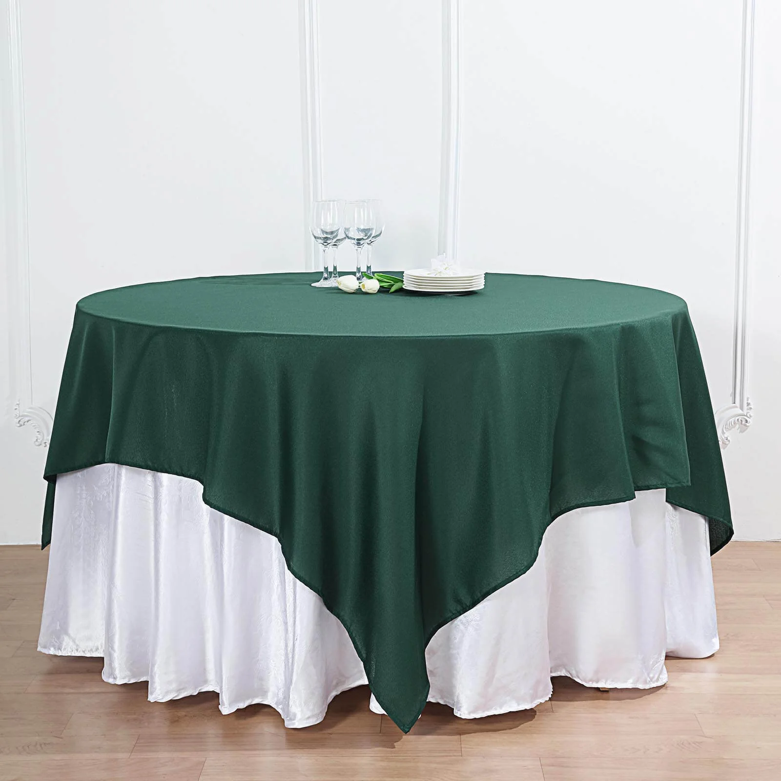 Polyester Square Table Overlay 90"x90" Hunter Emerald Green - Wrinkle-Resistant & Durable Table Topper - Image 2