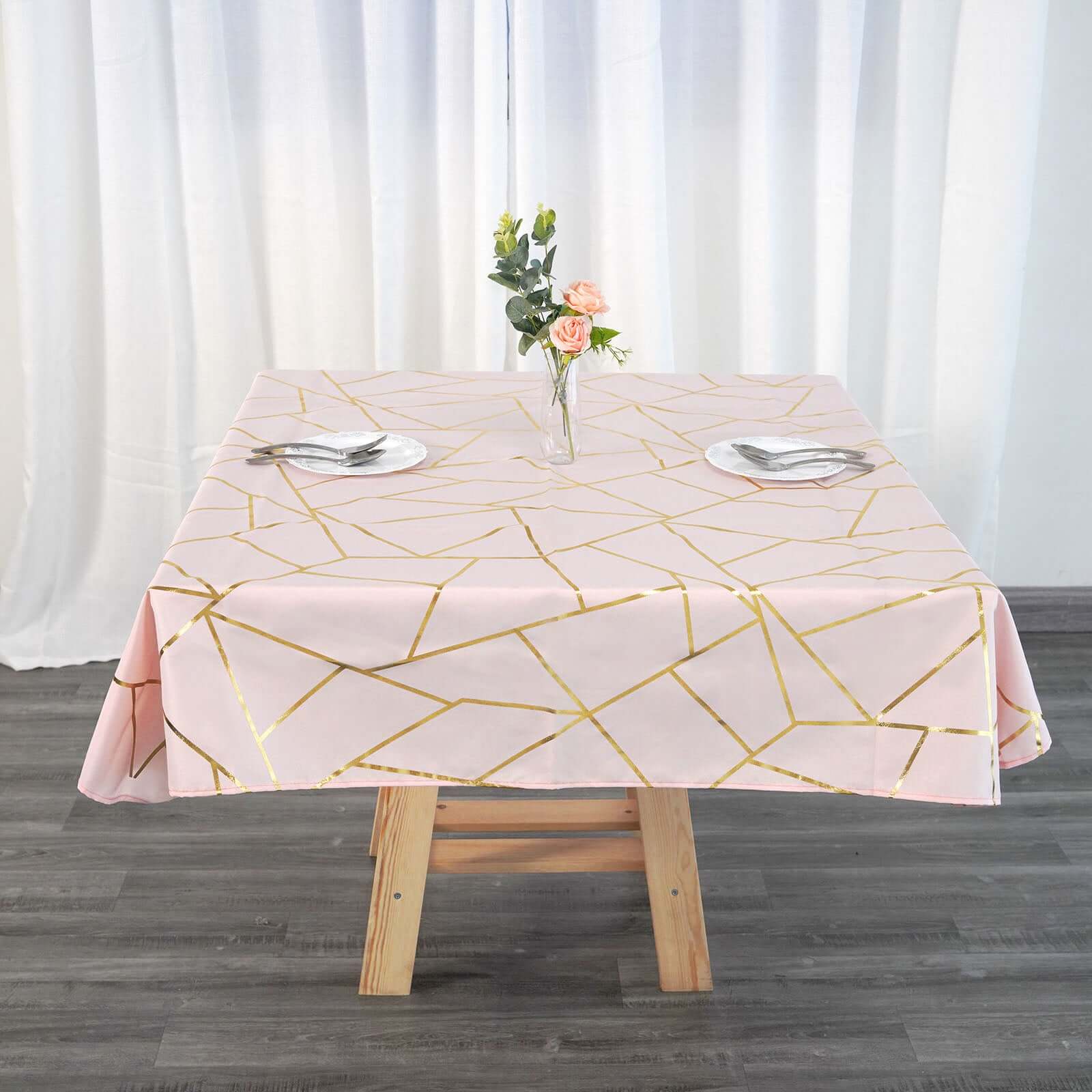 Polyester Square Tablecloth 54"x54" Blush with Gold Foil Geometric Pattern - Wrinkle-Resistant & Durable Table Cover