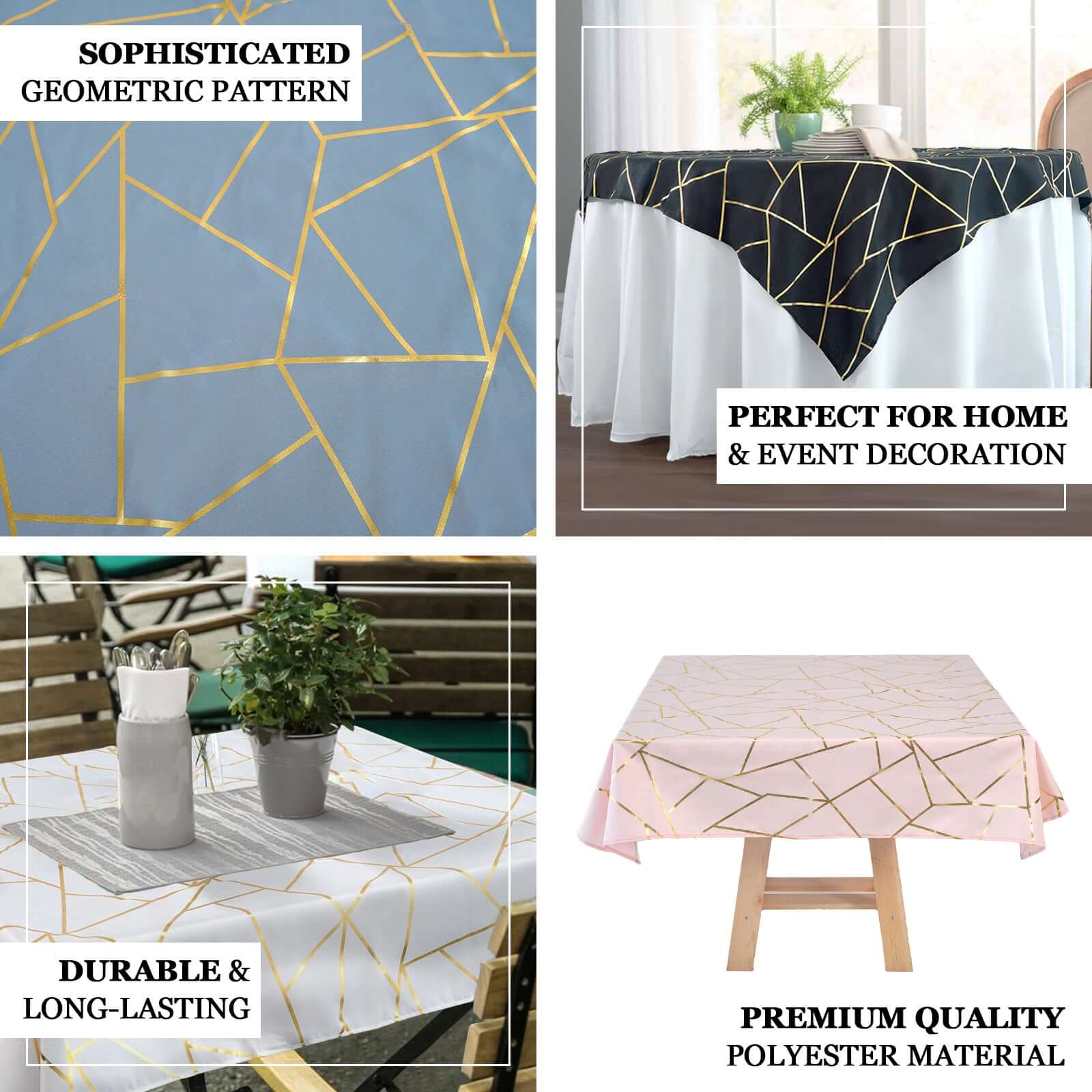 Polyester Square Tablecloth 54"x54" Blush with Gold Foil Geometric Pattern - Wrinkle-Resistant & Durable Table Cover - Image 4
