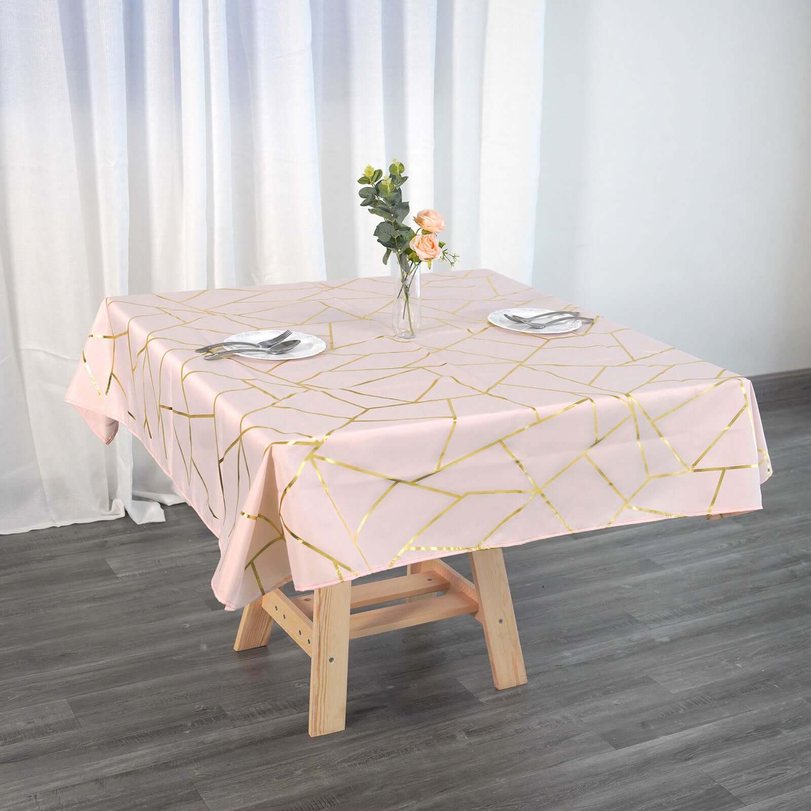 Polyester Square Tablecloth 54"x54" Blush with Gold Foil Geometric Pattern - Wrinkle-Resistant & Durable Table Cover - Image 6