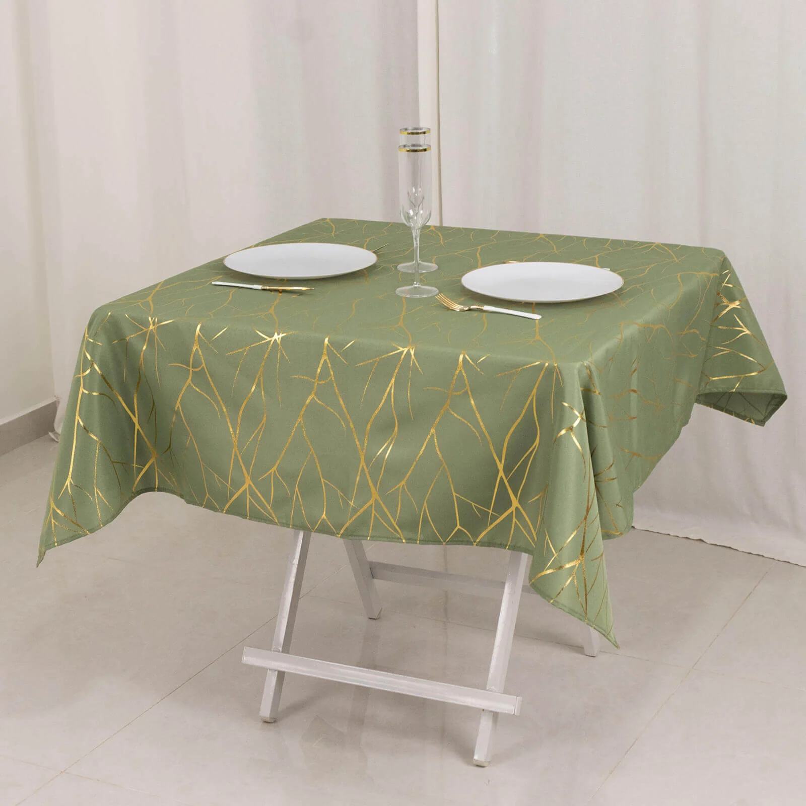 Polyester Square Tablecloth 54"x54" Dusty Sage Green with Gold Foil Tree Branch Pattern - Wrinkle-Resistant & Durable - Image 6
