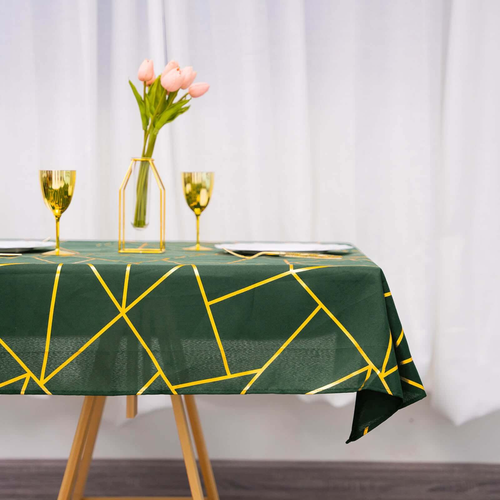 Polyester Square Tablecloth 54"x54" Hunter Emerald Green with Gold Foil Geometric Pattern - Wrinkle-Resistant & Durable Table Cover - Image 2