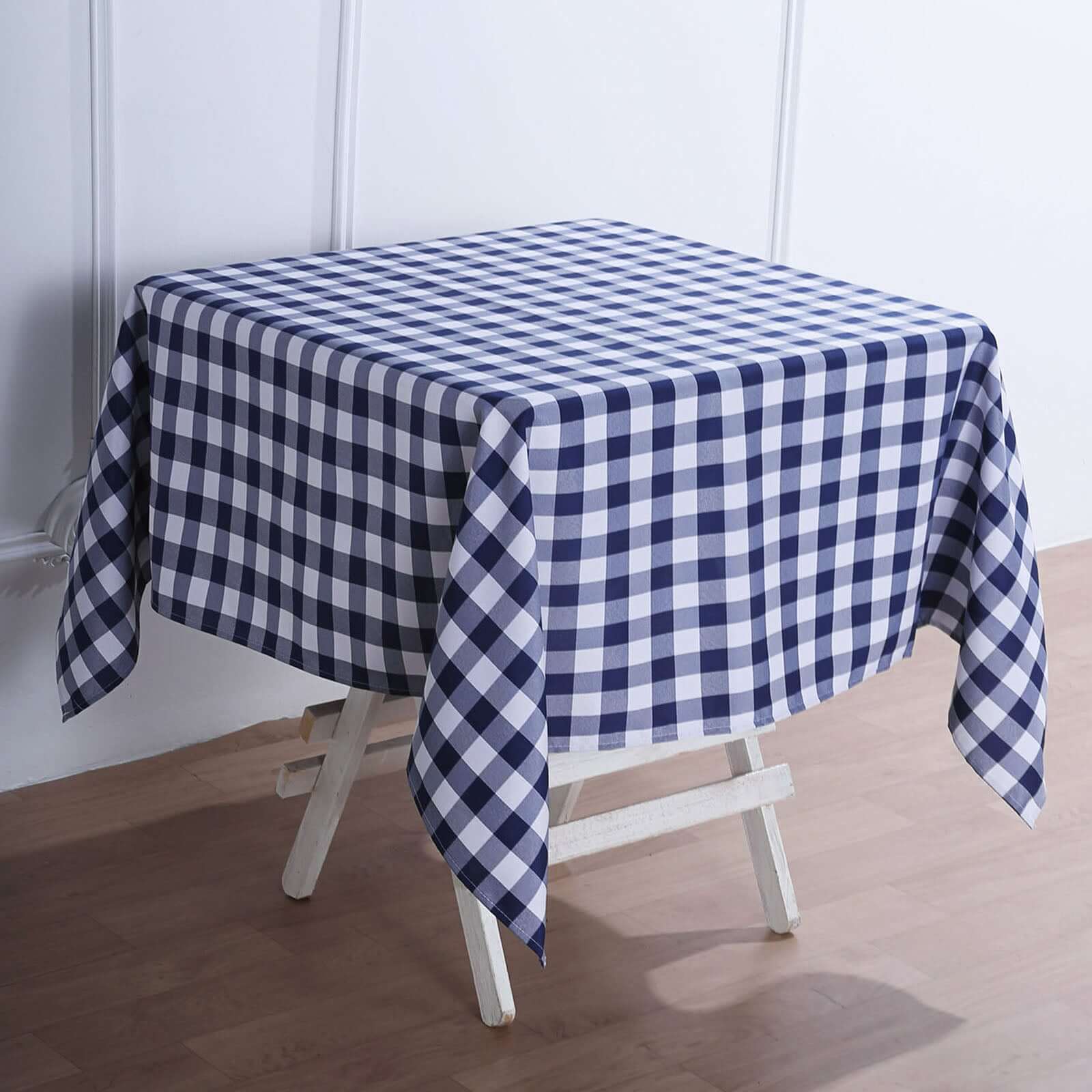 Polyester Square Tablecloth 54"x54" White/Navy Blue Checkered Buffalo Plaid Table Cover - Image 2