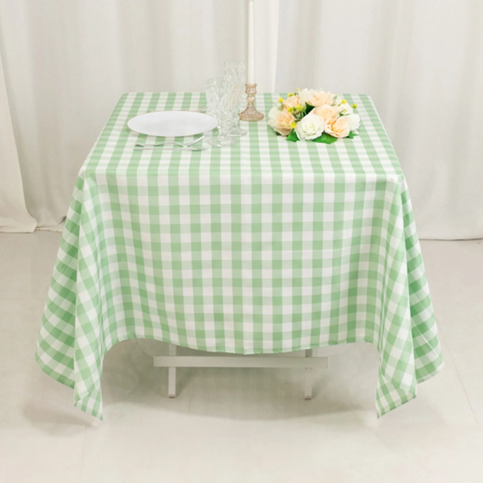 Polyester Square Tablecloth 70"x70" White/Sage Green Checkered Buffalo Plaid Table Cover - Image 2