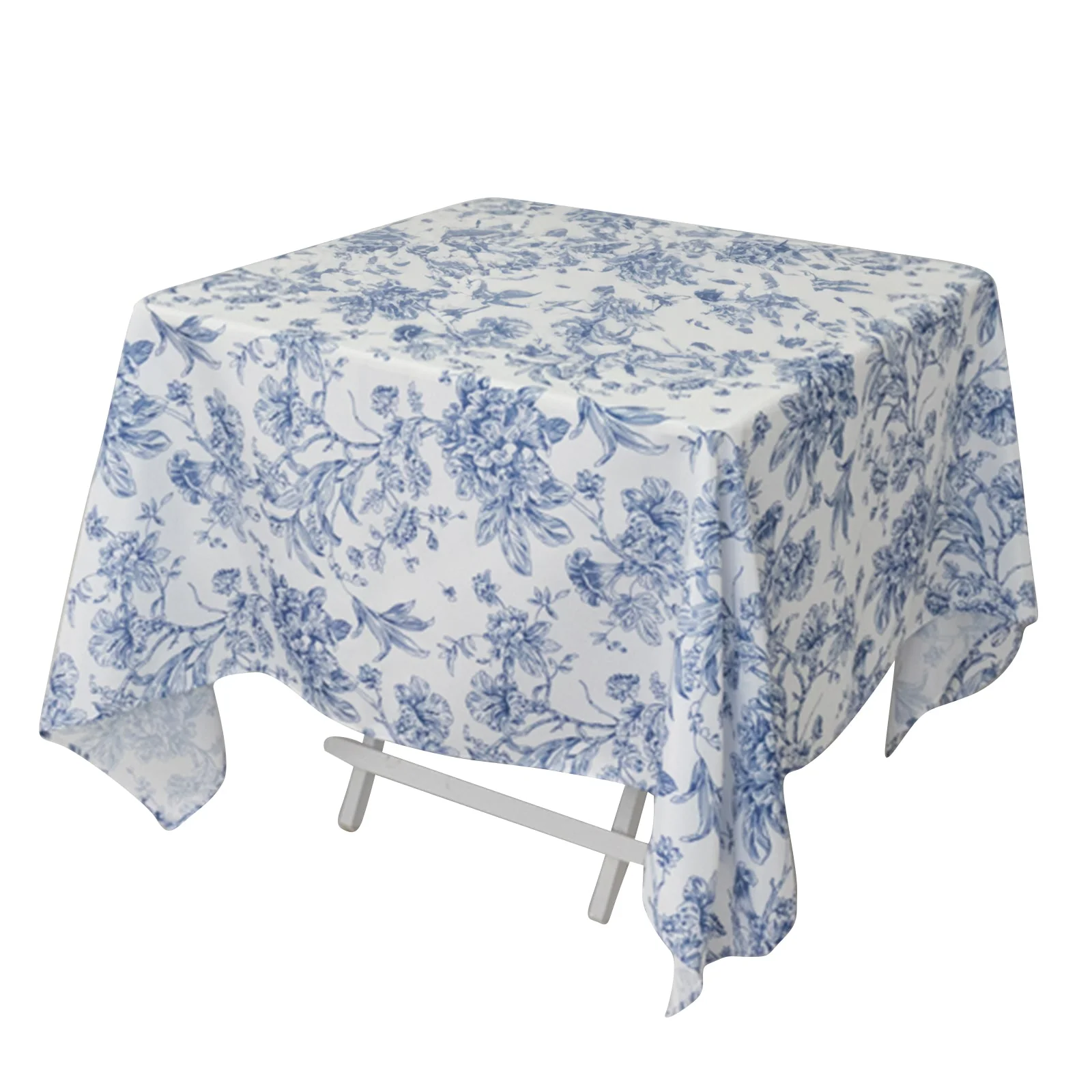 Polyester Square Tablecloth  70"x70" White with Blue French Toile Pattern - Sophisticated Table Cover for Chic Weddings & Events - Image 3