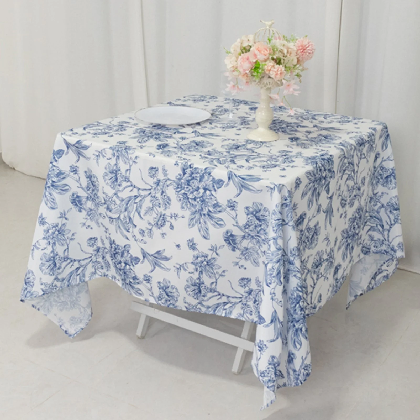 Polyester Square Tablecloth  70"x70" White with Blue French Toile Pattern - Sophisticated Table Cover for Chic Weddings & Events - Image 5