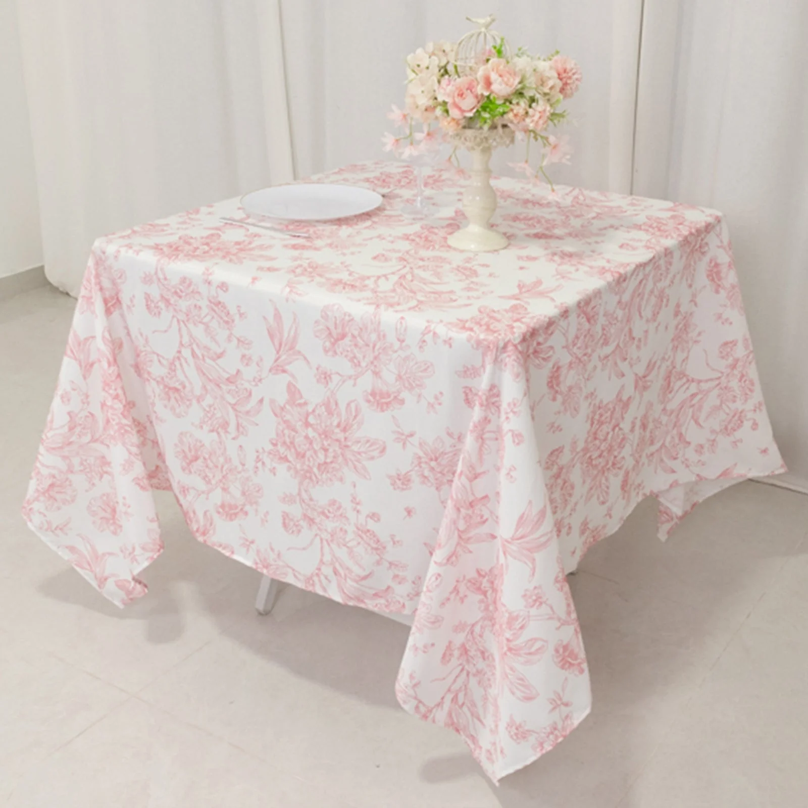 Polyester Square Tablecloth  70"x70" White with Pink French Toile Pattern - Sophisticated Table Cover for Chic Weddings & Events - Image 4