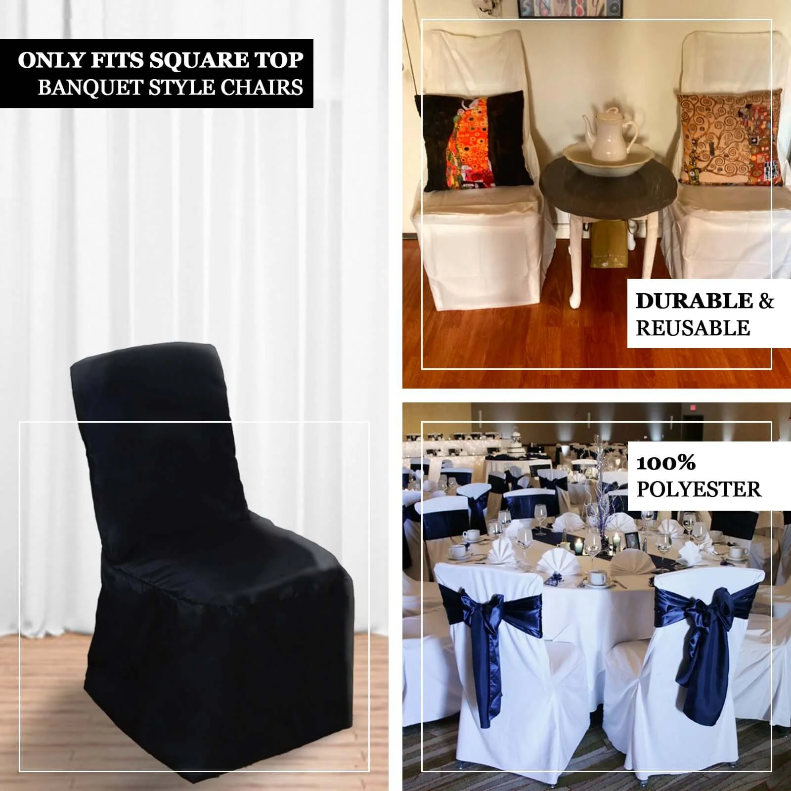 Polyester Square Top Banquet Chair Cover Ivory - Reusable Slip-On Slipcover - Image 4