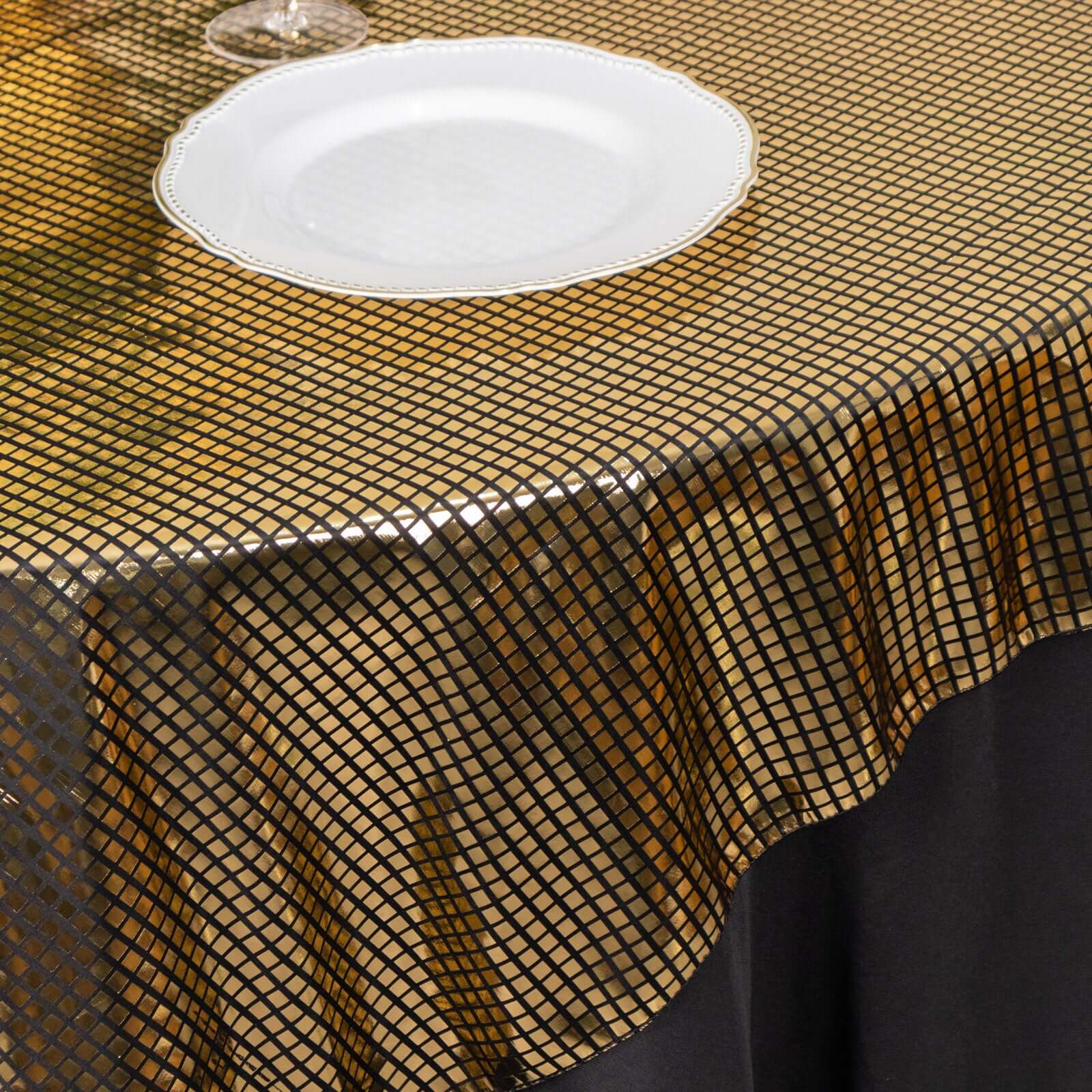 Polyester Table Overlay 72"x72" Black with Gold Foil Disco Mirror Ball Design for Glam and Disco Themes - Image 5