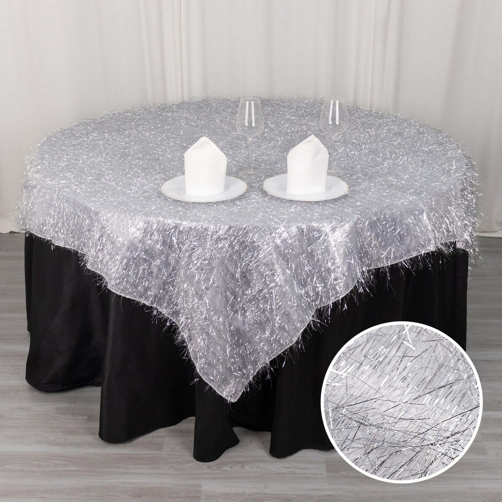 Polyester Table Overlay 72"x72" Silver - Metallic Fringe Shag Tinsel Table Topper