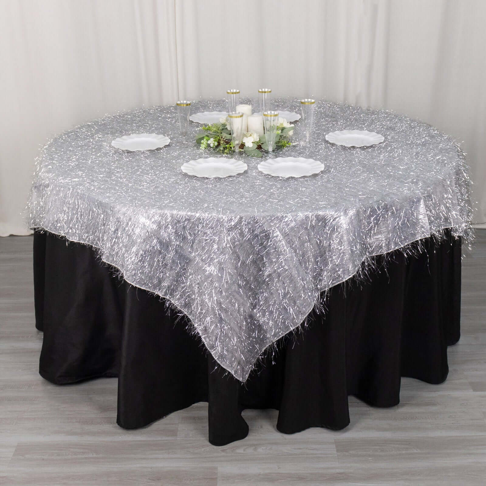Polyester Table Overlay 72"x72" Silver - Metallic Fringe Shag Tinsel Table Topper - Image 2