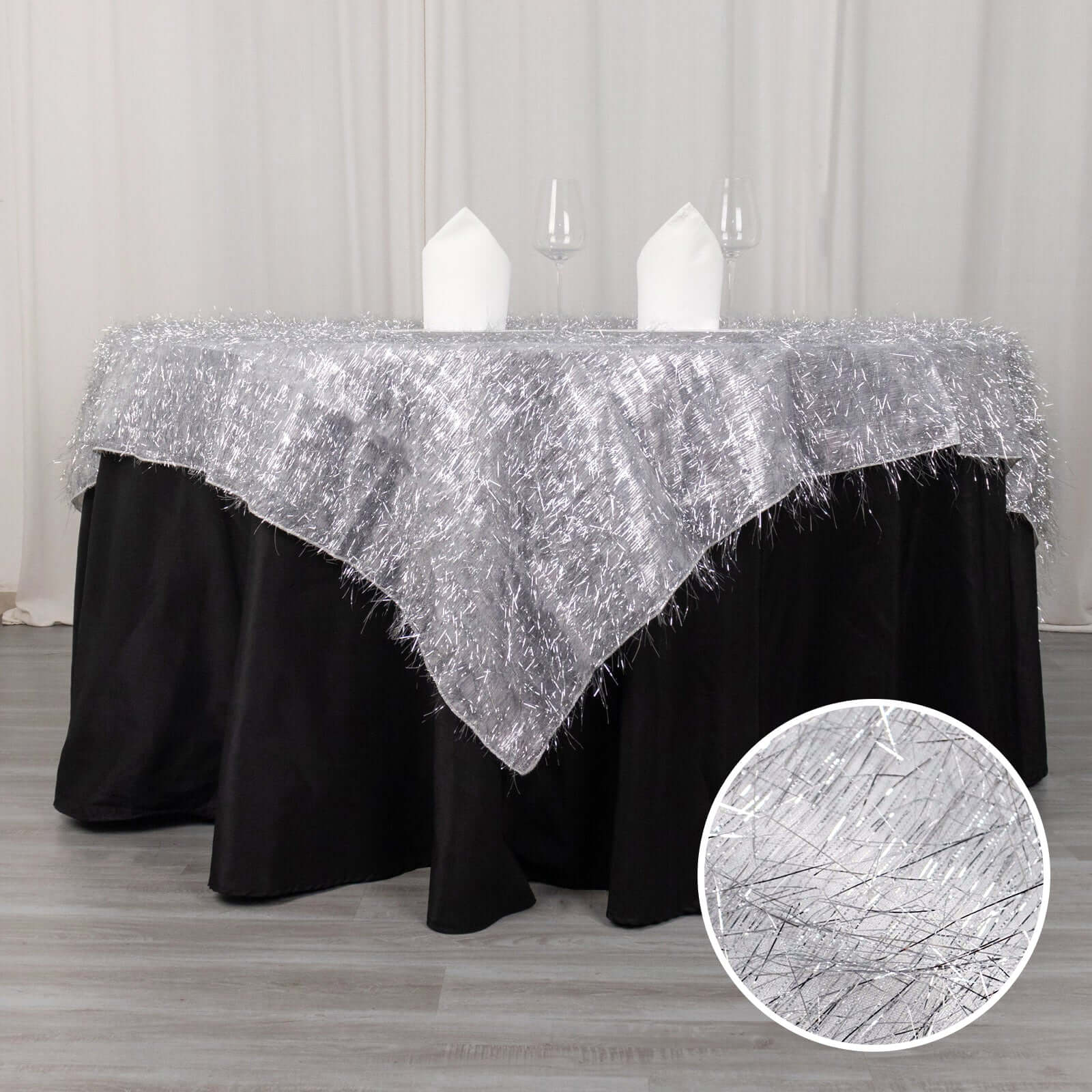 Polyester Table Overlay 72"x72" Silver - Metallic Fringe Shag Tinsel Table Topper - Image 3
