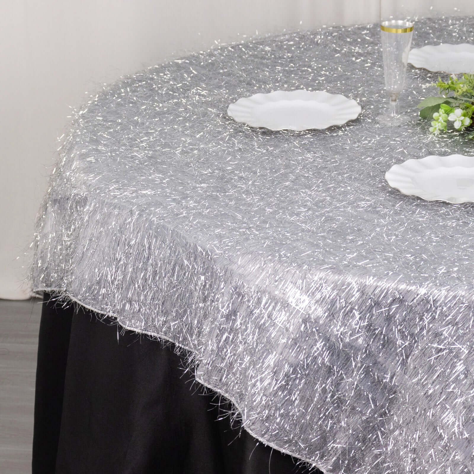 Polyester Table Overlay 72"x72" Silver - Metallic Fringe Shag Tinsel Table Topper - Image 4