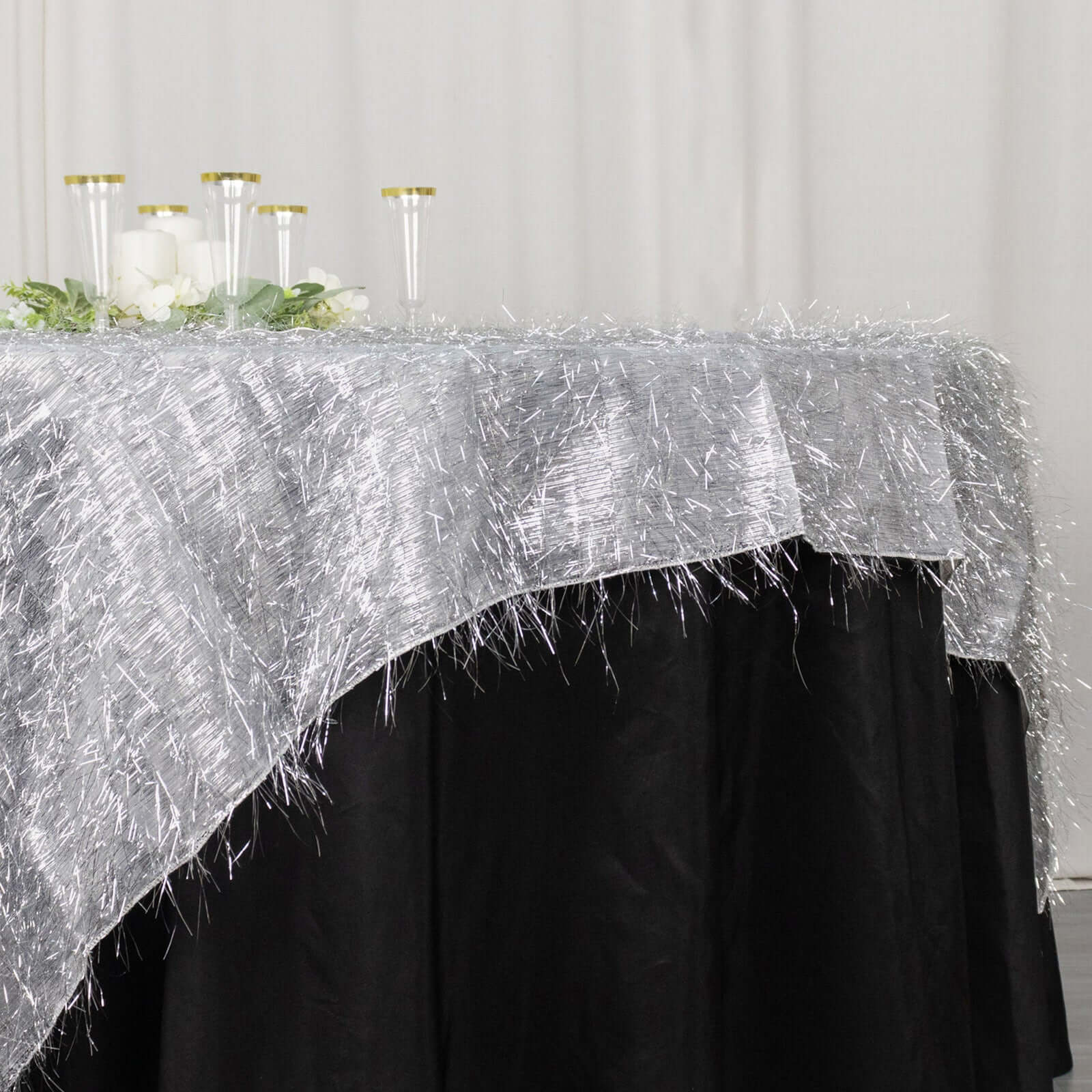 Polyester Table Overlay 72"x72" Silver - Metallic Fringe Shag Tinsel Table Topper - Image 5