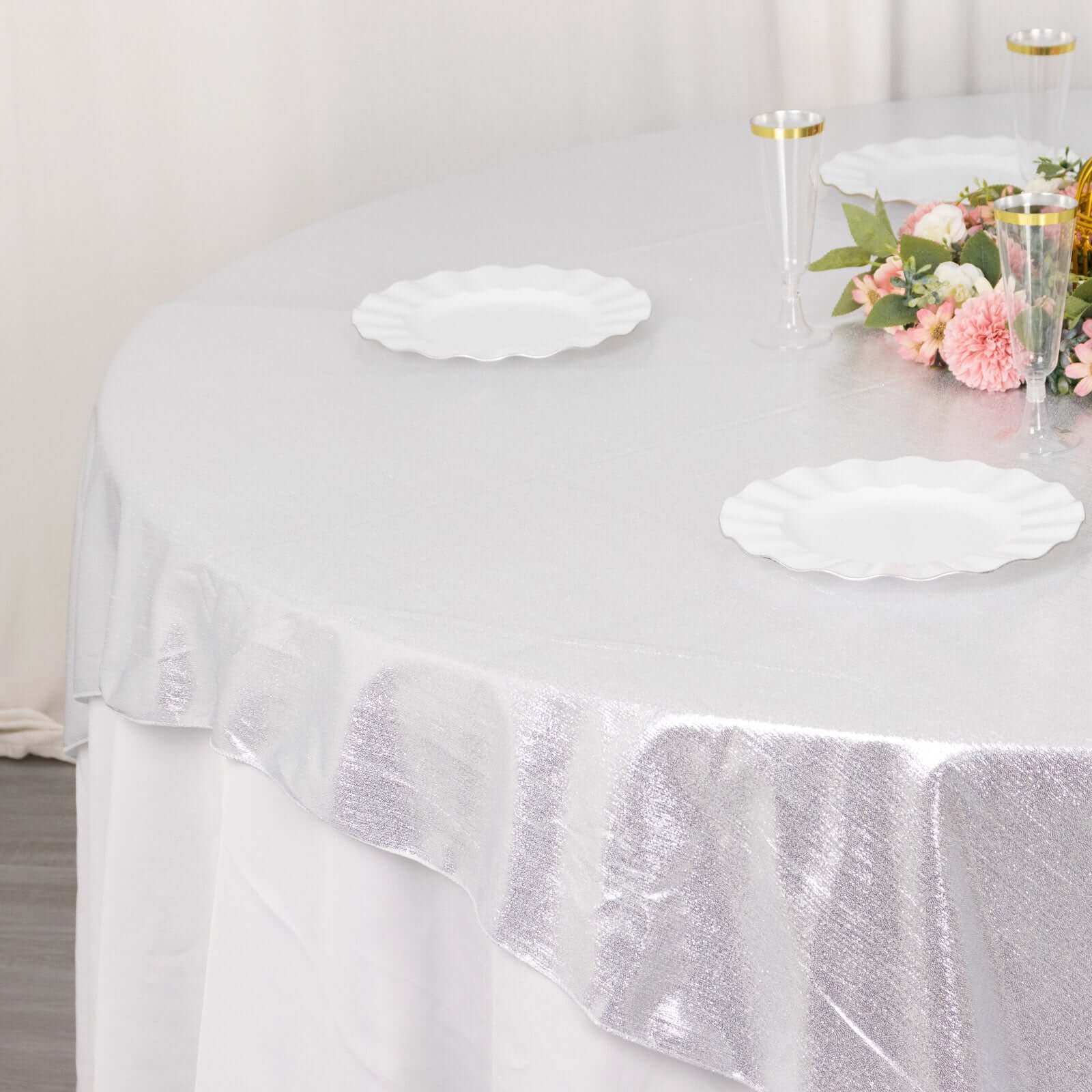 Polyester Table Overlay 72"x72" Silver - Shimmer Sequin Dots Wrinkle-Free Table Topper - Image 4